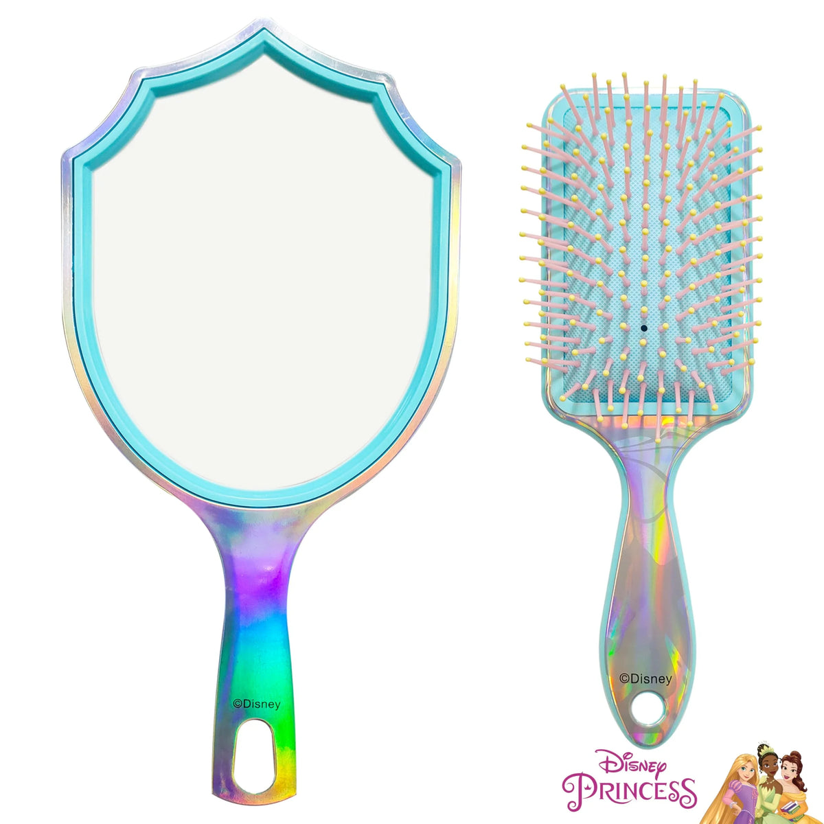 Disney Princess Iridescent Mirror and Brush Set for girls with blue and rainbow finish, LuvHer Shop