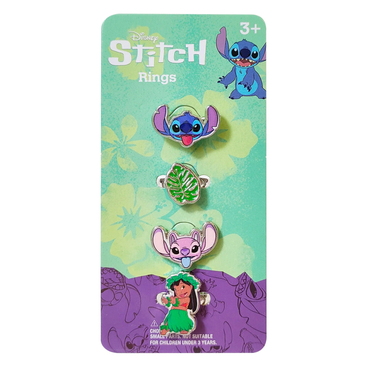 Disney Stitch Rings set featuring Stitch, a green leaf, Angel, and Lilo on LuvHer Shop card