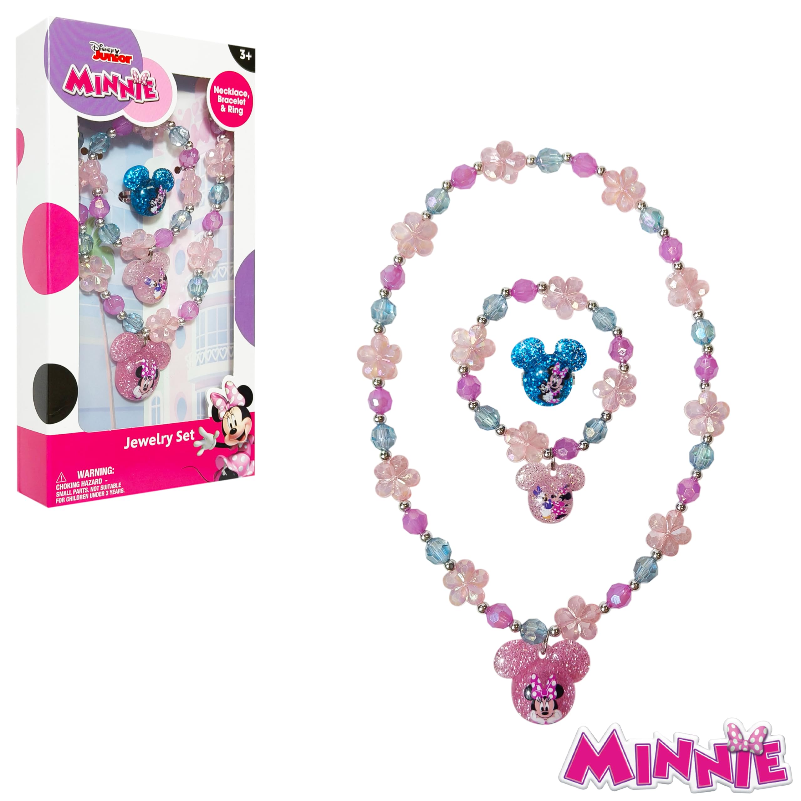 LUV HER Disney Minnie Girls Jewelry Set - Dress up 3 Piece Toy Jewelry Box Set with Bead Necklace, Bracelet and Ring - Play Accessories - Ages 3+ - LuvHer Shop