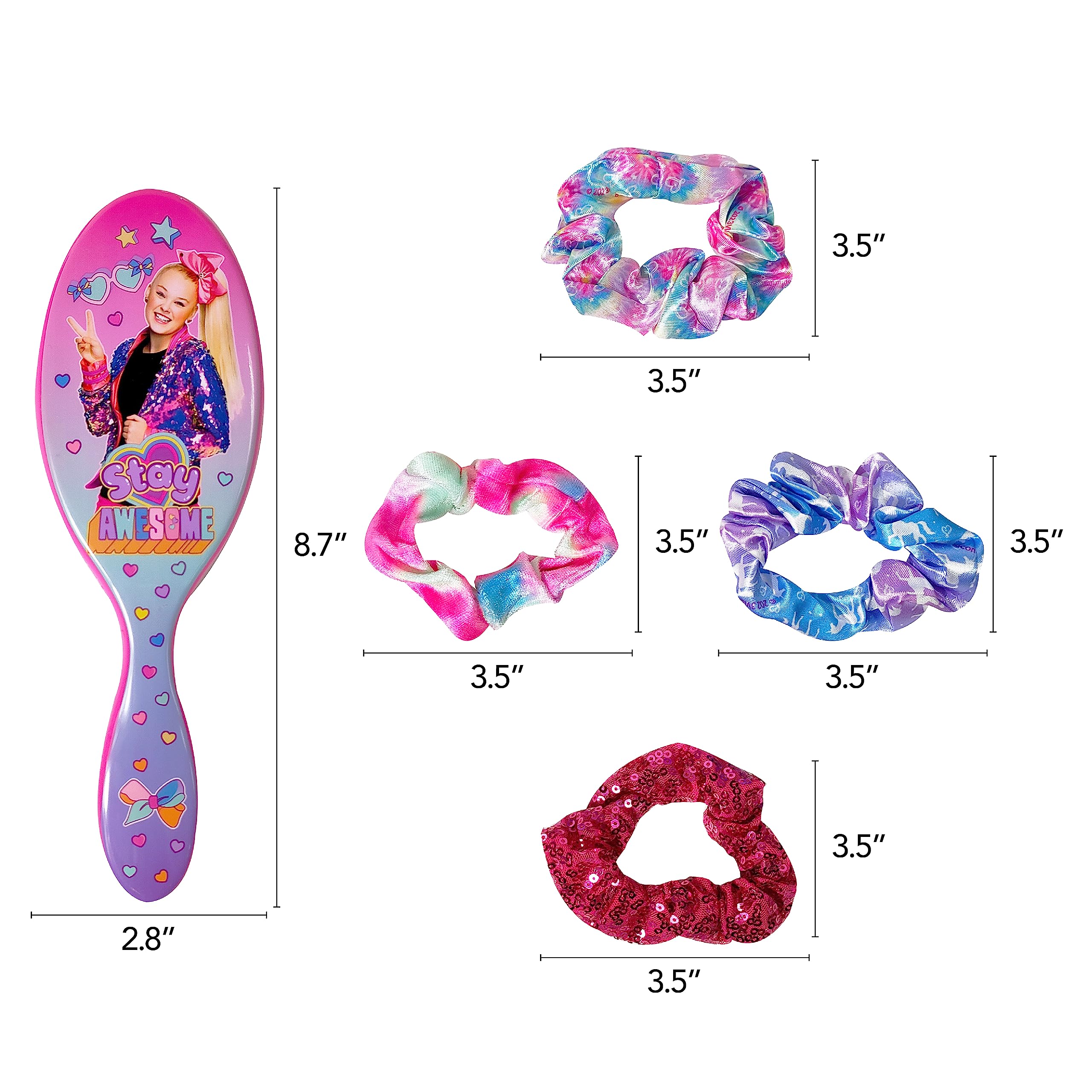 LUV HER Nickelodeon Jojo Siwa Hair Brush & 4 Scrunchies - Girls 9inc Hair Set, Detangling Brush for Thick Curly Thin Wet or Dry Hair - Hair Accessories for Kids Ages 3+ - LuvHer Shop