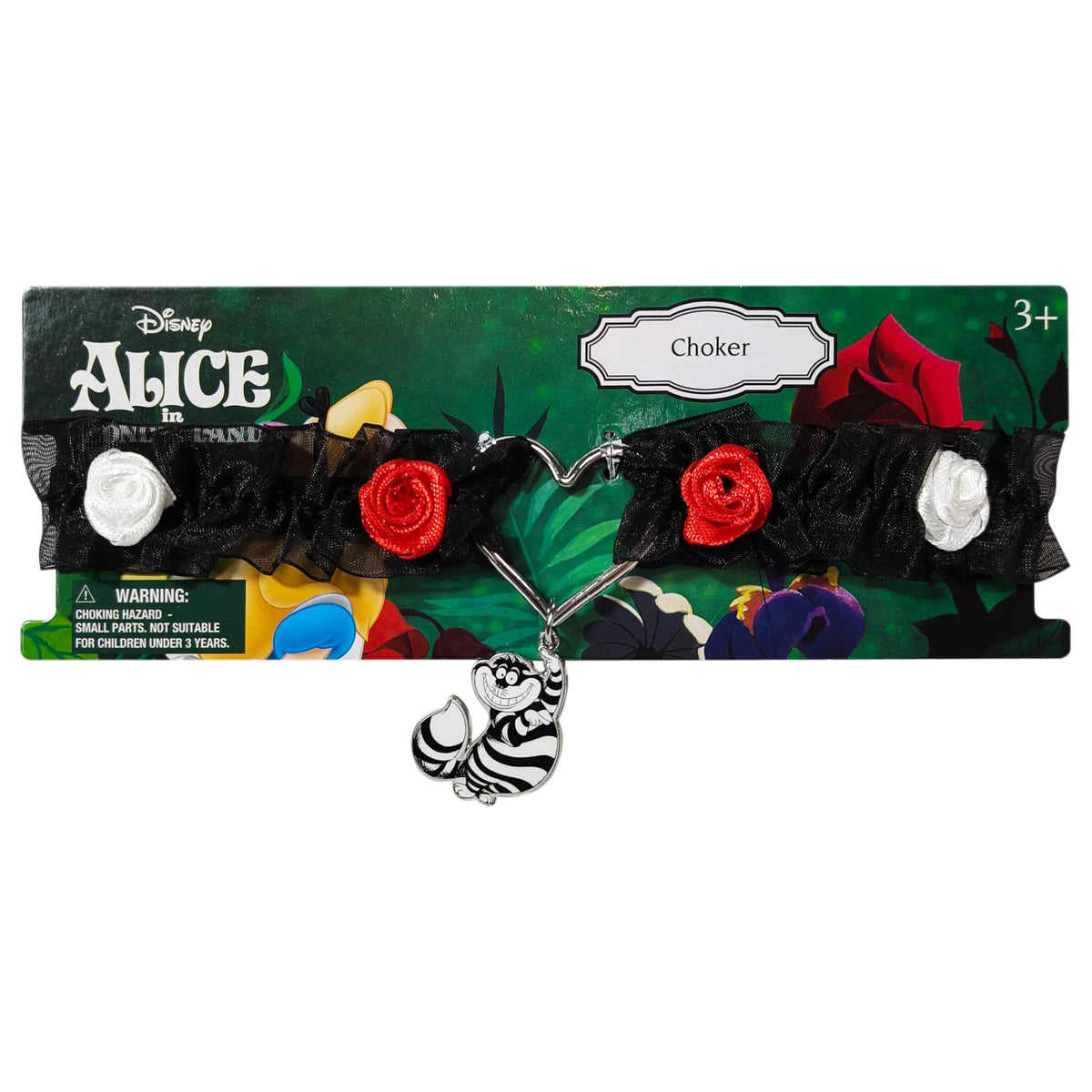 Disney Alice in Wonderland choker with red and white roses and Cheshire Cat charm on card