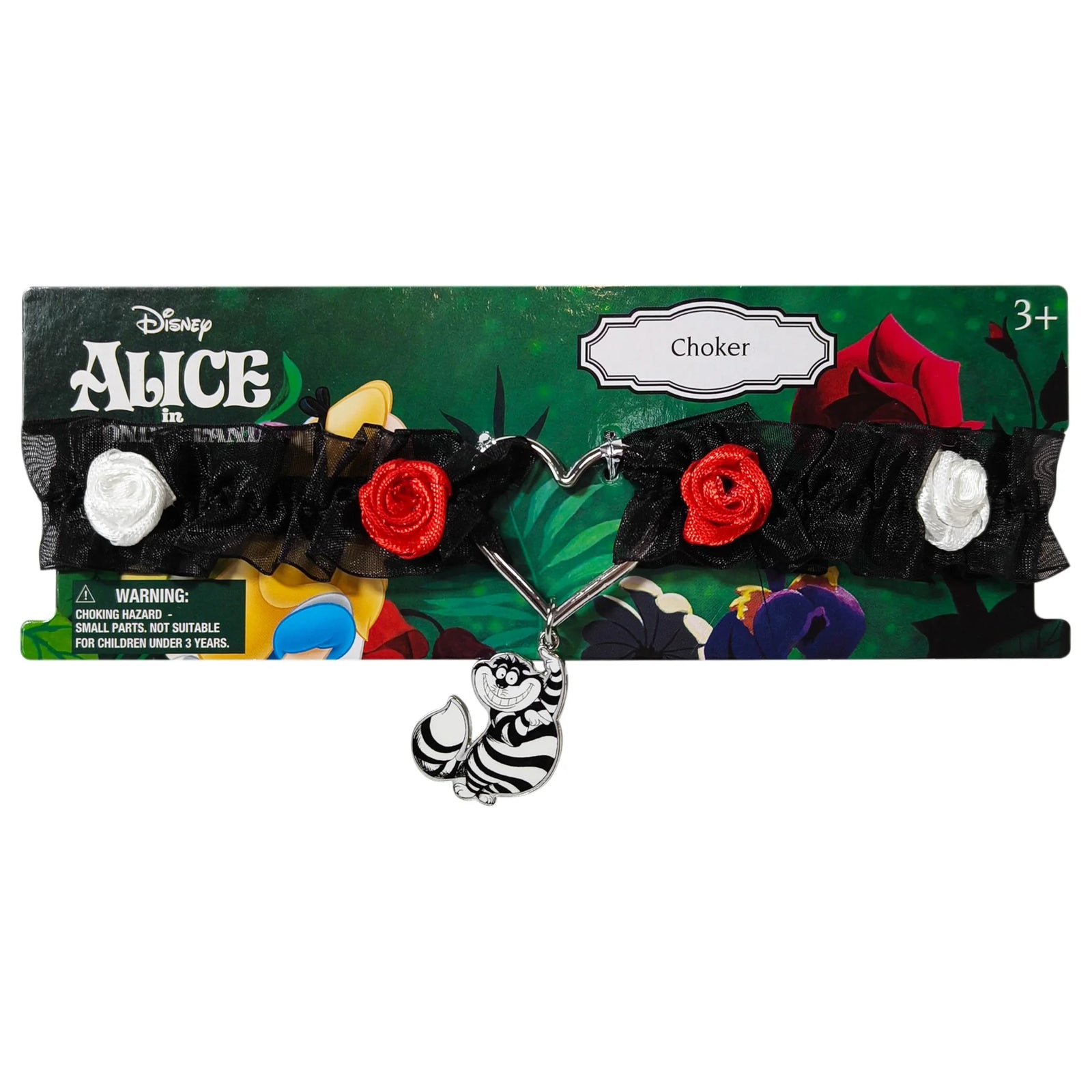 Disney Cheshire Cat choker with heart centerpiece, black ruffle, red and white rose accents