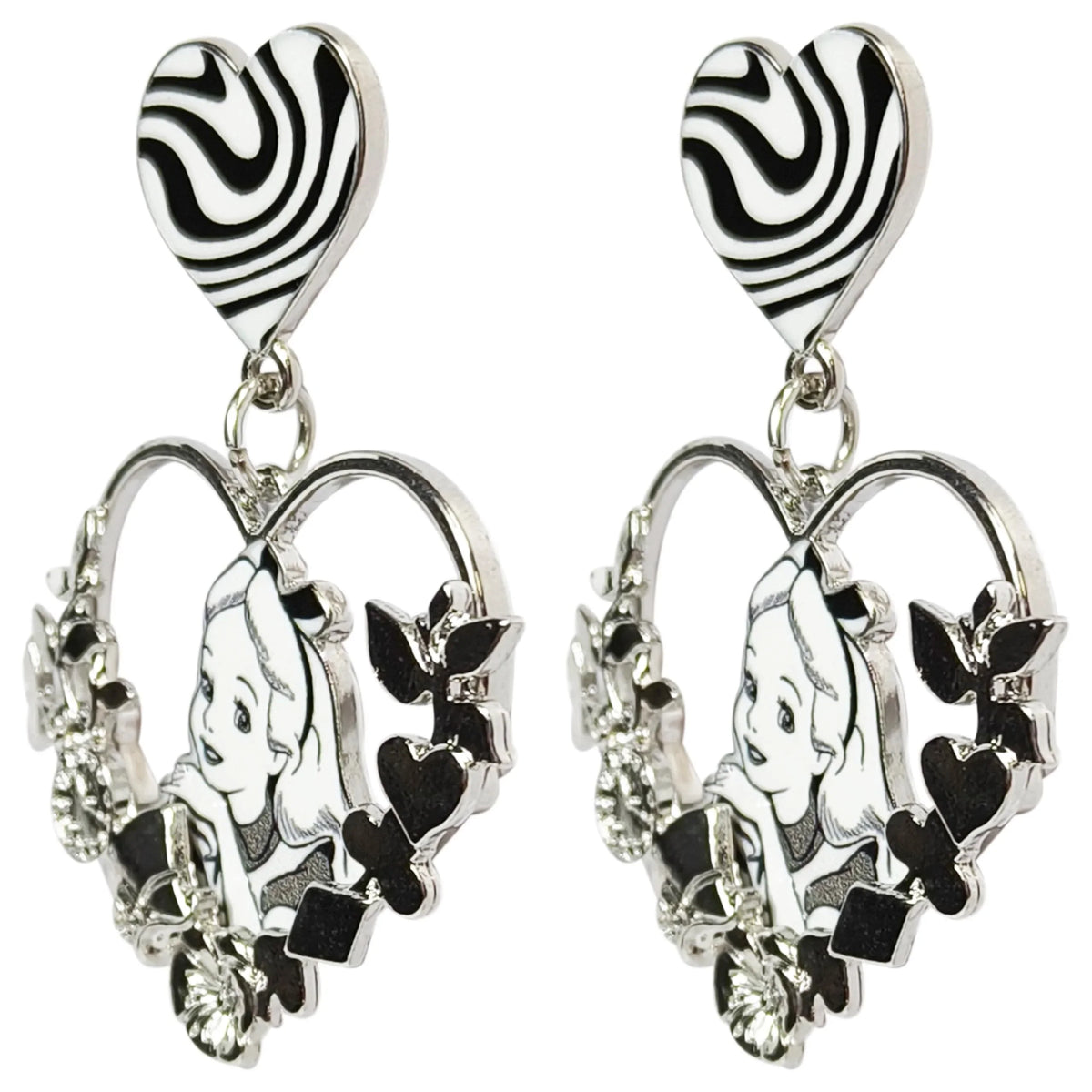 Alice in Wonderland heart drop earrings with black and white hearts, LuvHer Shop girls' jewelry