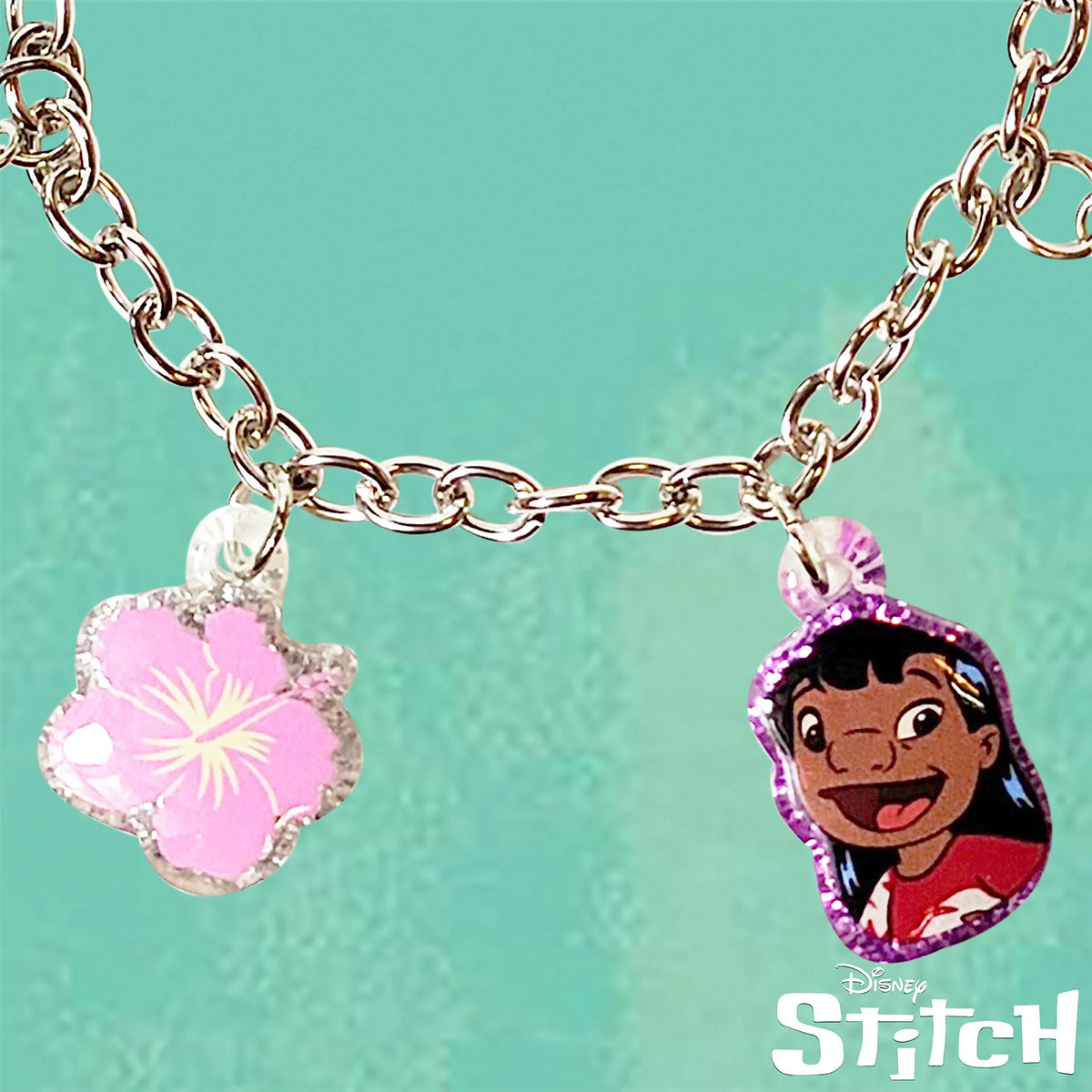 Disney Stitch Lilo charm bracelet with Lilo and pink flower charms on silver chain, LuvHer Shop