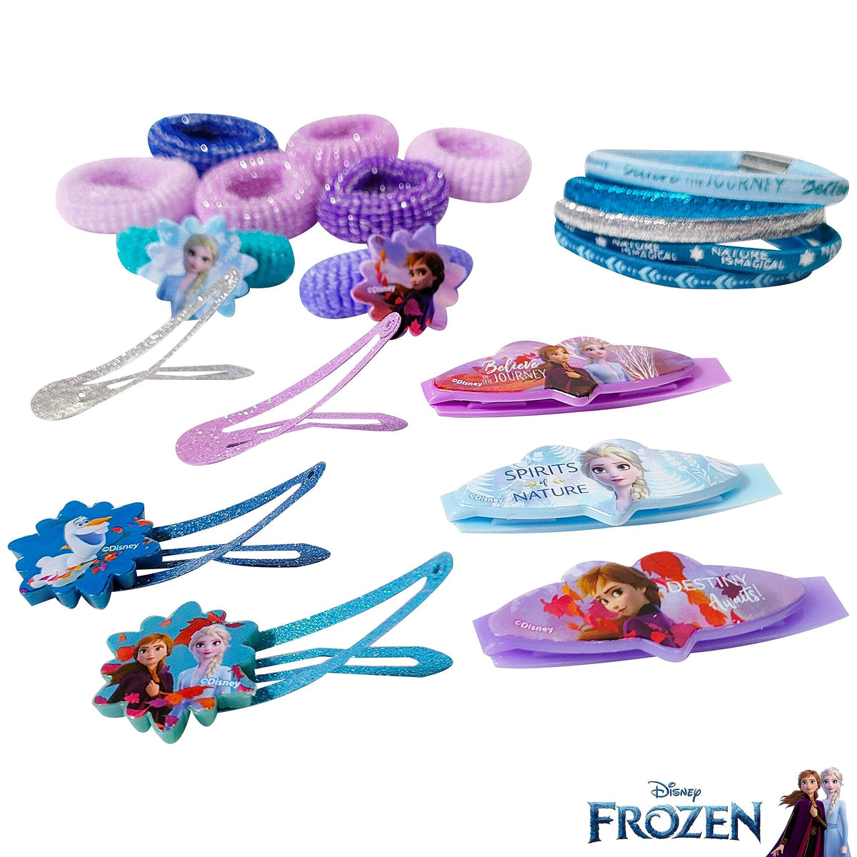 Disney Frozen hair accessories set with hair ties, snap clips, and bracelets featuring Elsa, Anna, and Olaf