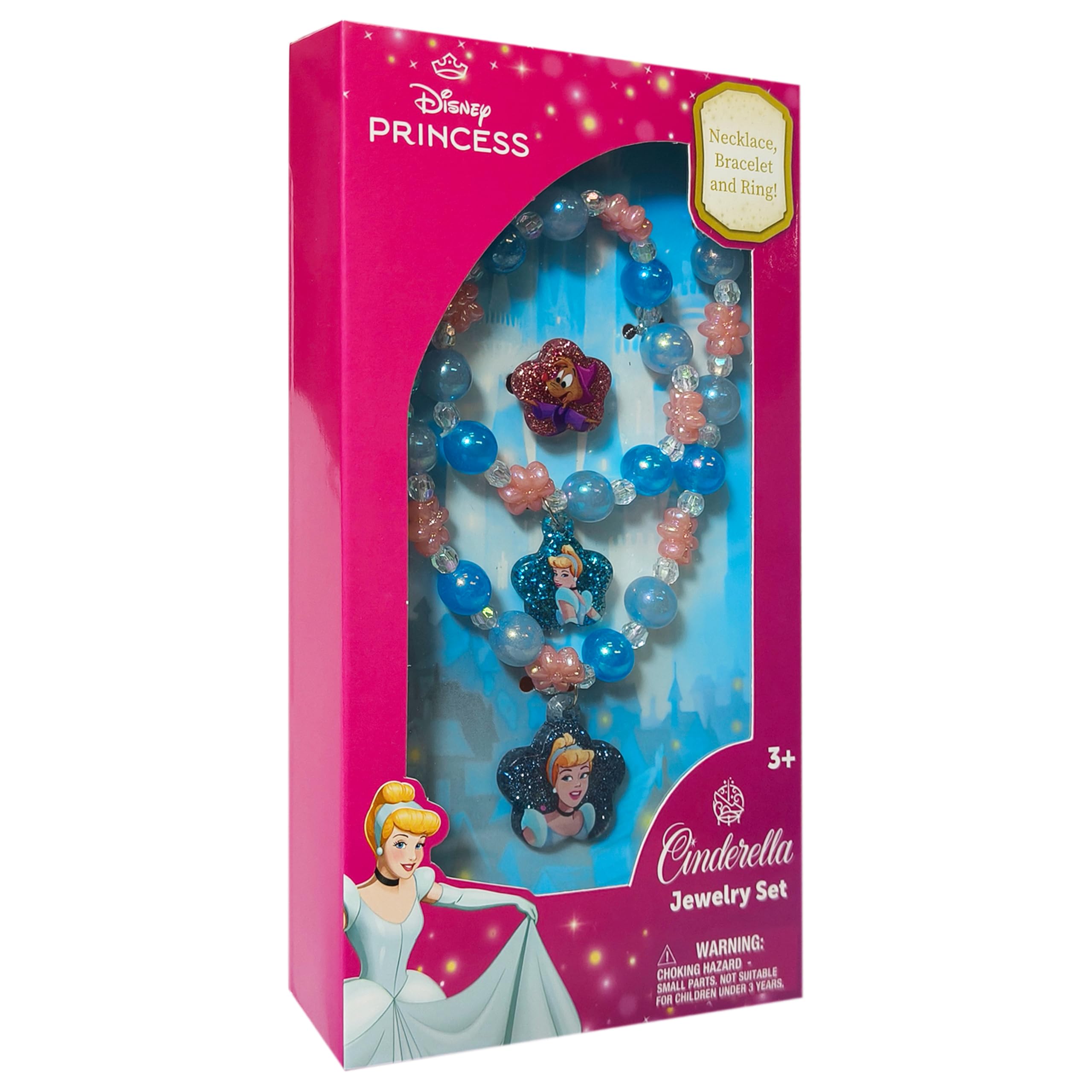 LUV HER Disney Princesses Cinderella Girls Jewelry Set - Dress up 3 Piece Toy Jewelry Box Set with Bead Necklace, Bracelet and Ring - Play Accessories - Ages 3+ - LuvHer Shop