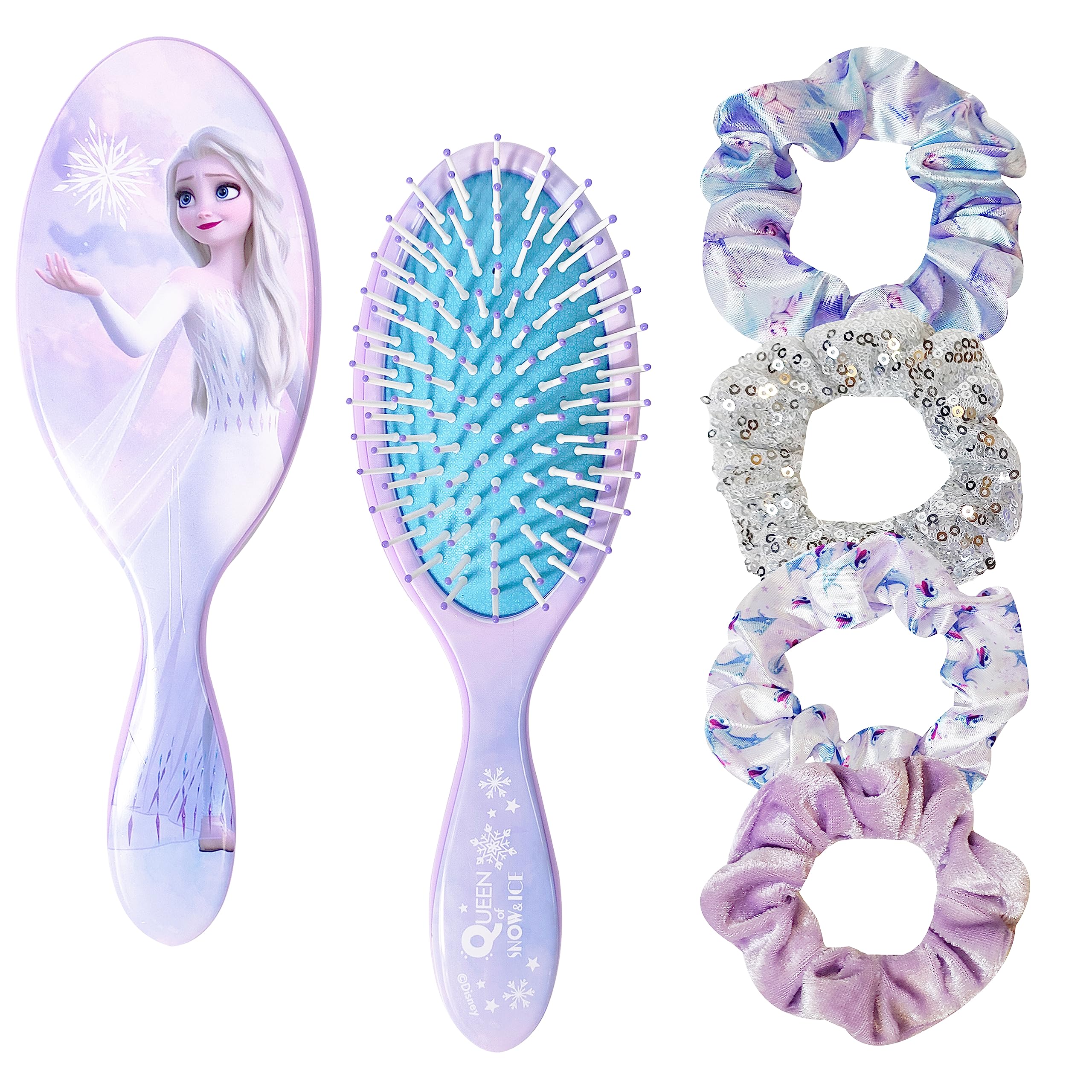 Frozen Princess Elsa Hair Accessory 5 Pcs Set - 1 Regular 9 inch Frozen Hairbrush & 4 Frozen Scrunchies - Detangling Brush & Elastic Hair Ties Ropes for Girls, Ages 3+