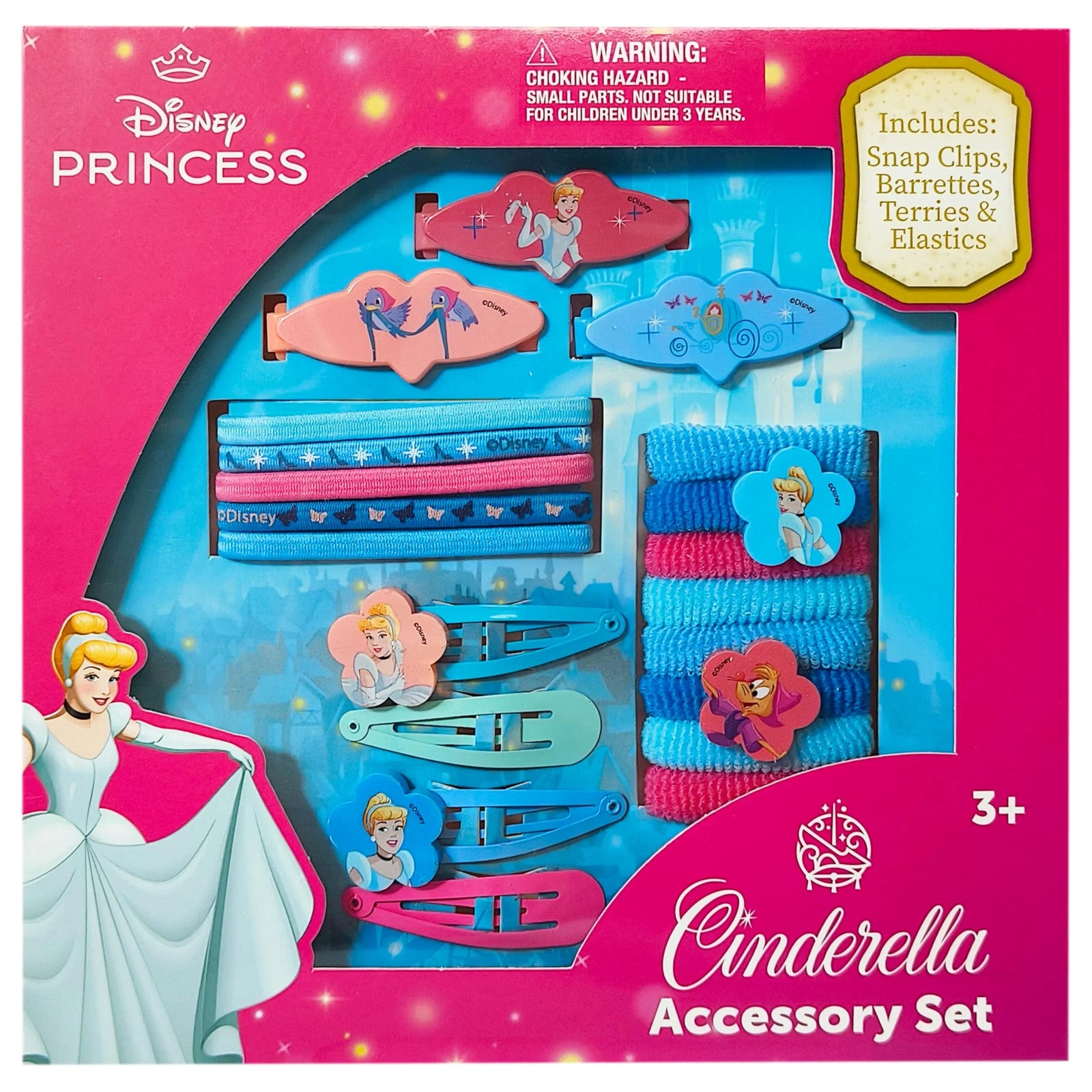 Disney Princess Cinderella Accessory Set with snap clips and barrettes in pink and blue packaging