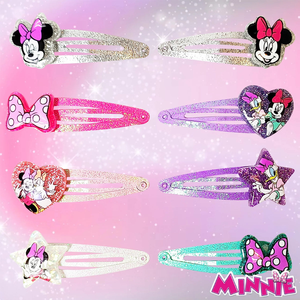 Minnie Mouse glitter snap hair clips set for girls, featuring Disney designs and bright sparkles.