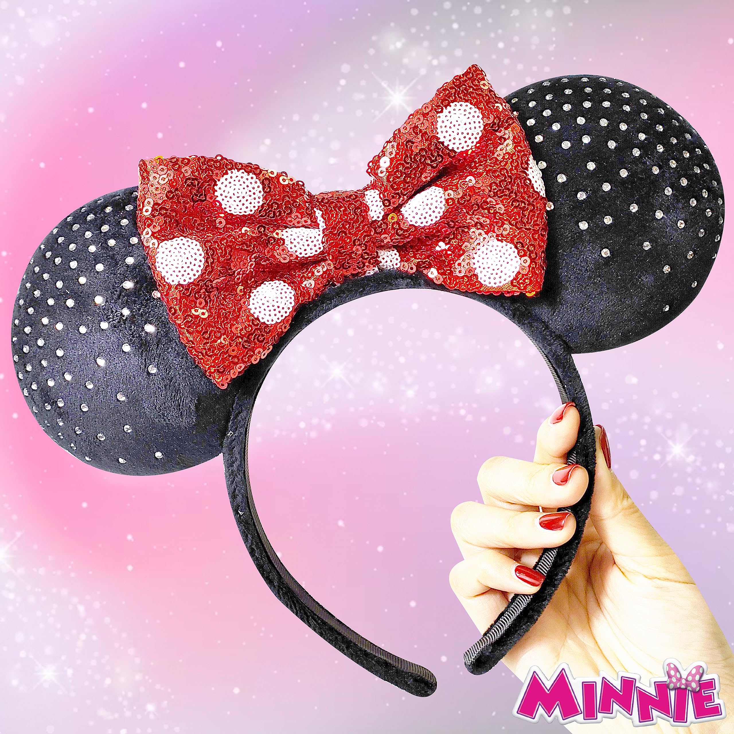 LUV HER - Disney Ears - Embedded Rhigstones Minnie Plush Ears - Large Sequin Red Bow on a Thick Elastic Headband Ages 3+ - LuvHer Shop