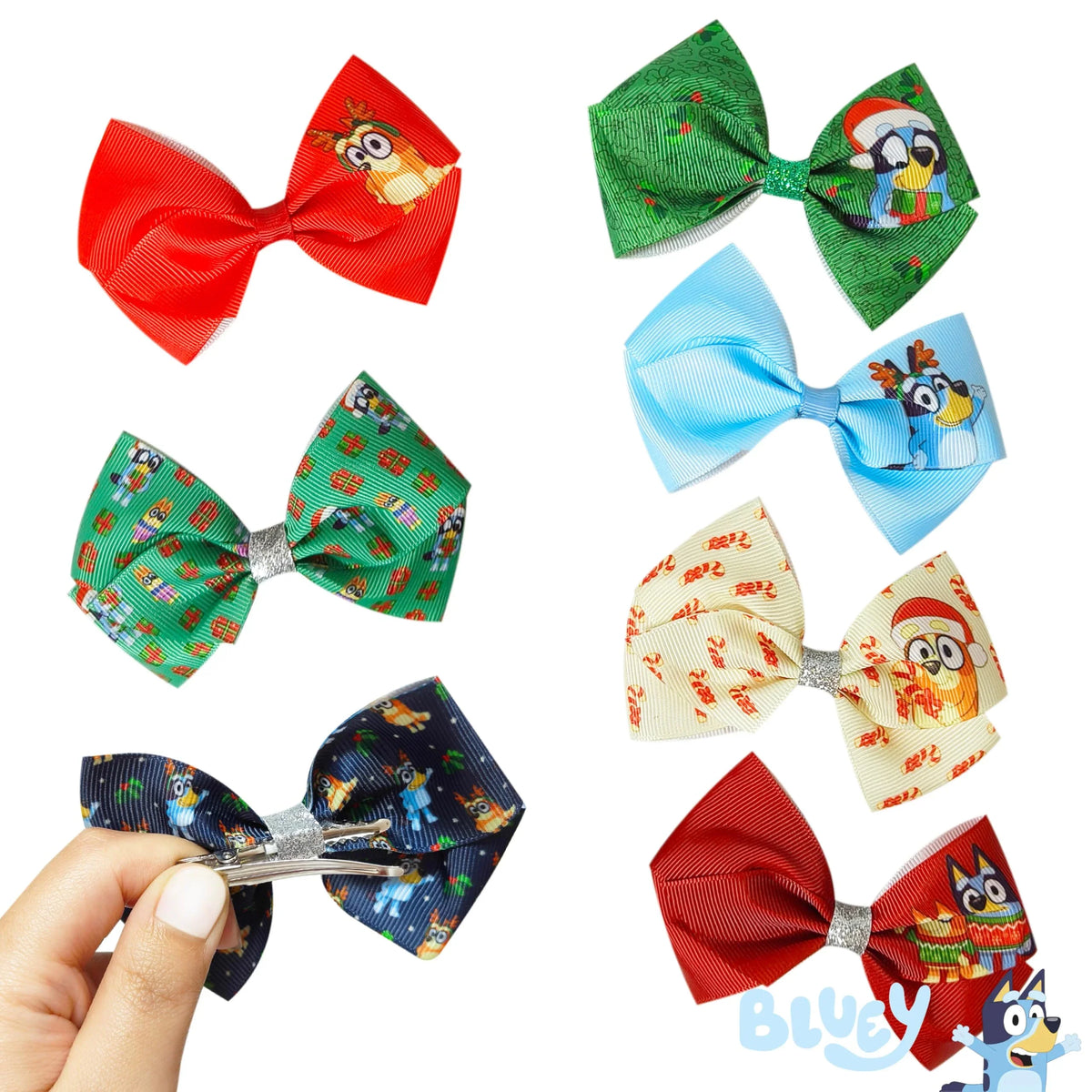 Bluey Holiday Hair Bows set with colorful Christmas-themed Bluey characters, girls' accessories