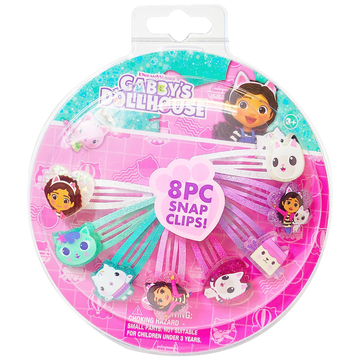 Gabby's Dollhouse 8-piece snap hair clips set featuring colorful character designs in packaging
