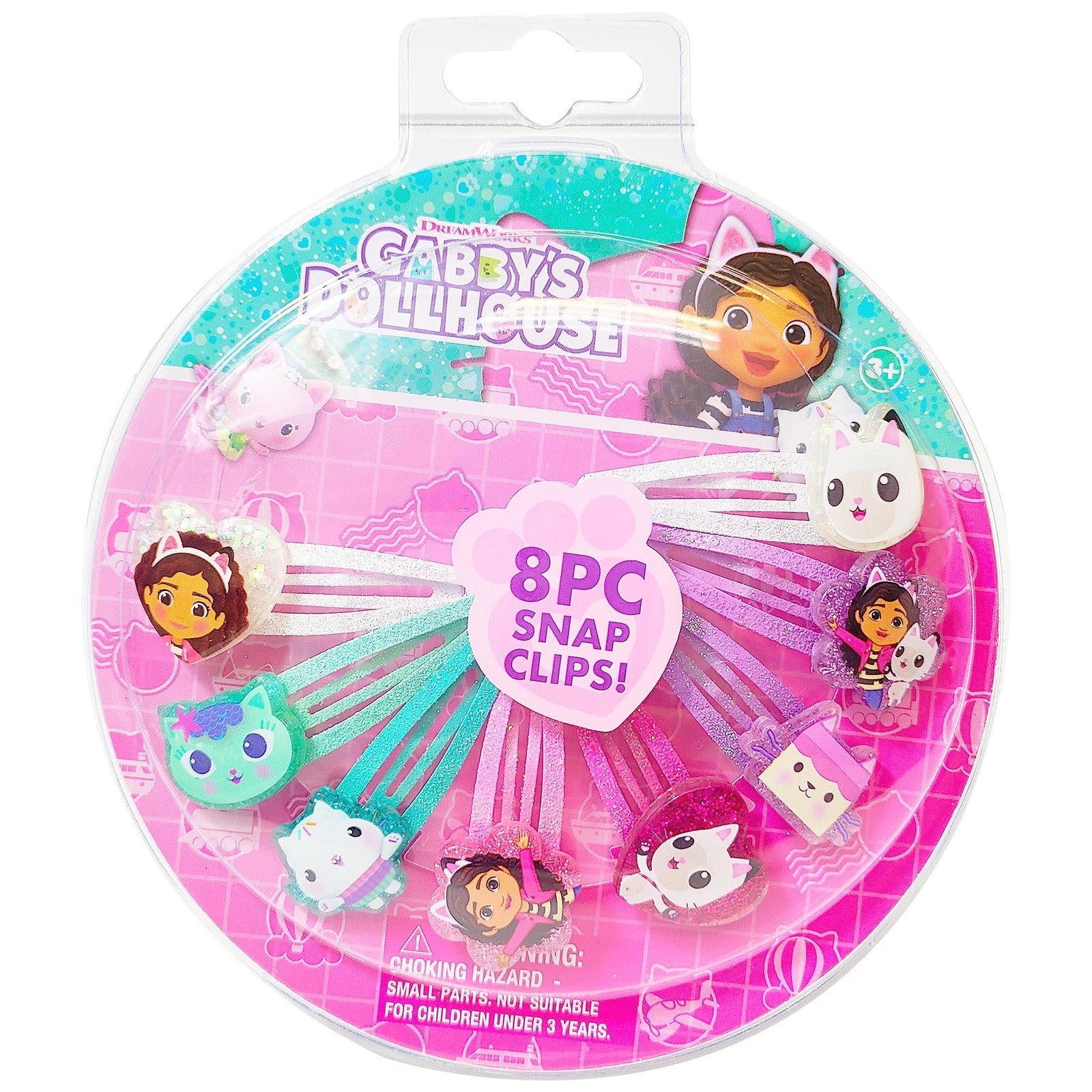 Gabby's Dollhouse 8-piece snap hair clips set featuring colorful character designs in packaging