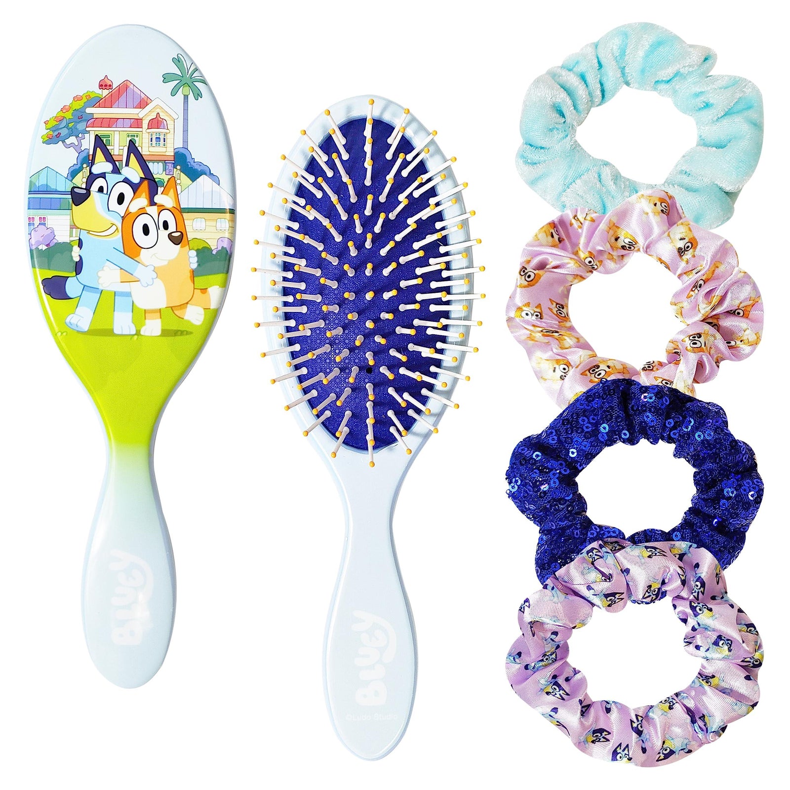Bluey hair brush and scrunchies gift set featuring animated characters, official girls' accessories