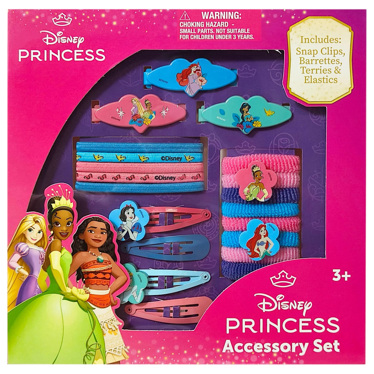 Disney Princess Accessory Set with hair clips, barrettes, and elastics in pink gift box