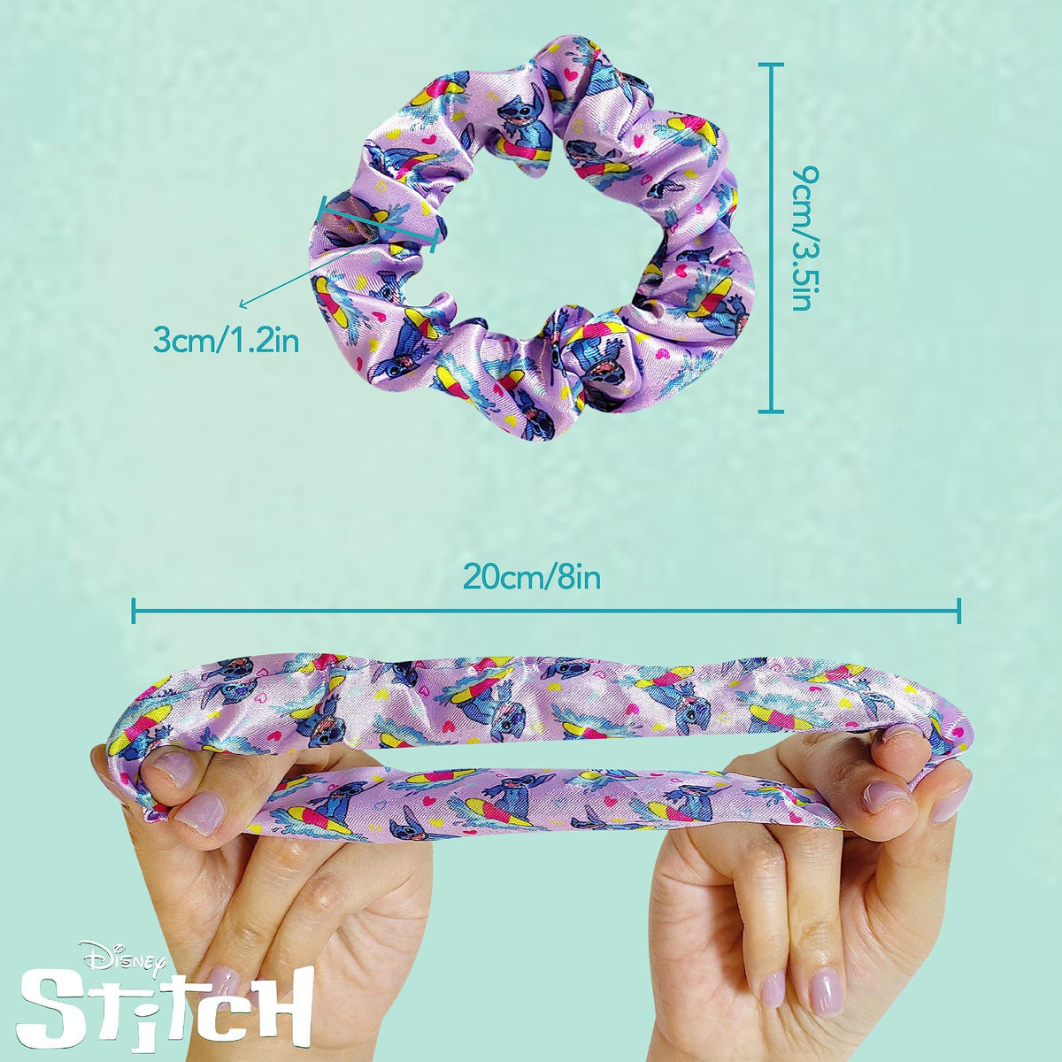 Disney Stitch hair scrunchie and headband set with purple print, shown with measurements