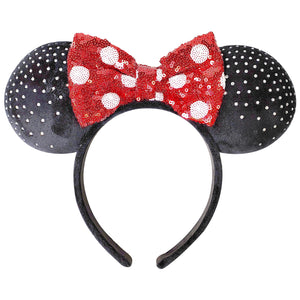 LUV HER - Disney Ears - Embedded Rhigstones Minnie Plush Ears - Large Sequin Red Bow on a Thick Elastic Headband Ages 3+ - LuvHer Shop