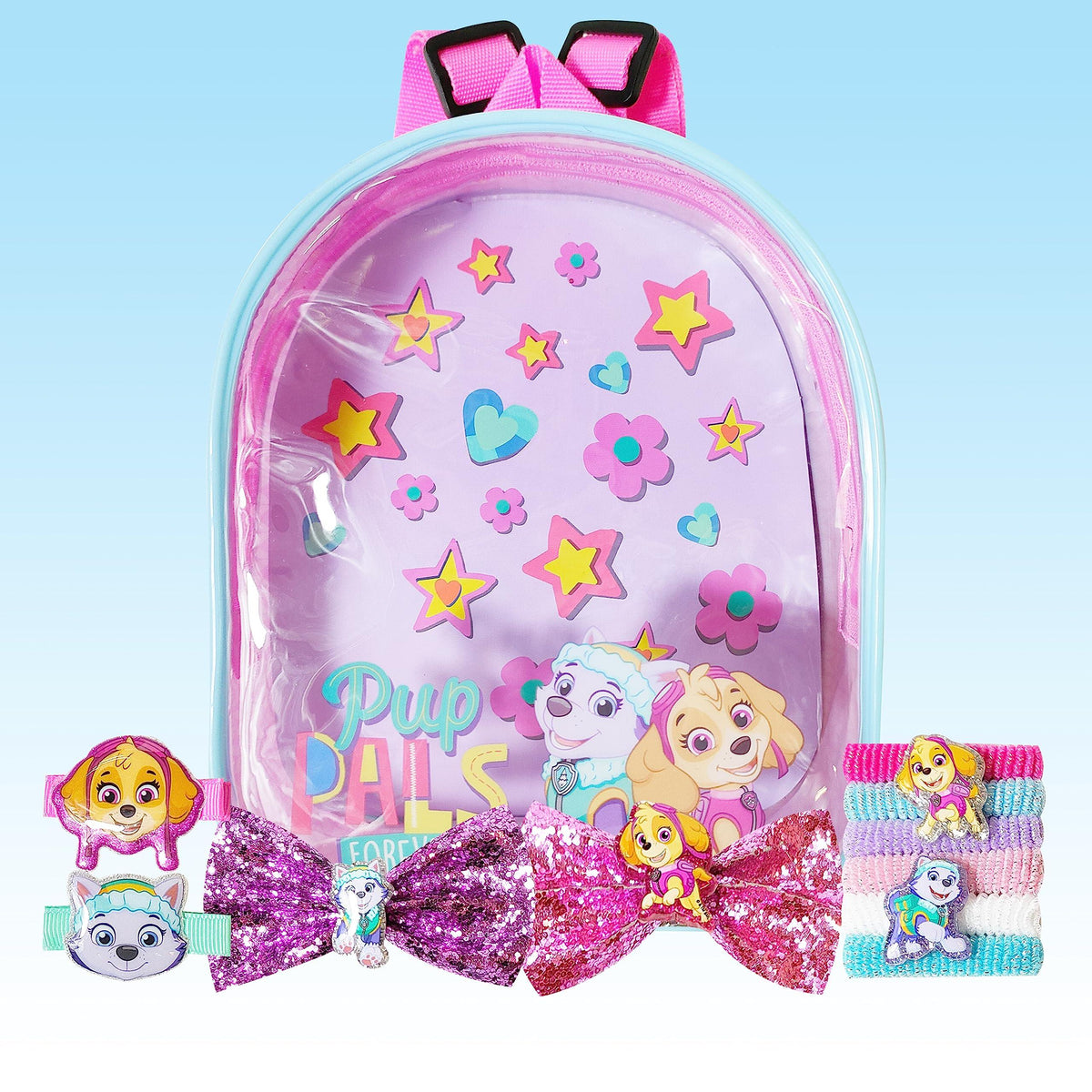 Paw Patrol Pup Pals backpack and accessories set with pink glitter hair bows and character hair ties, LuvHer Shop girls' collection
