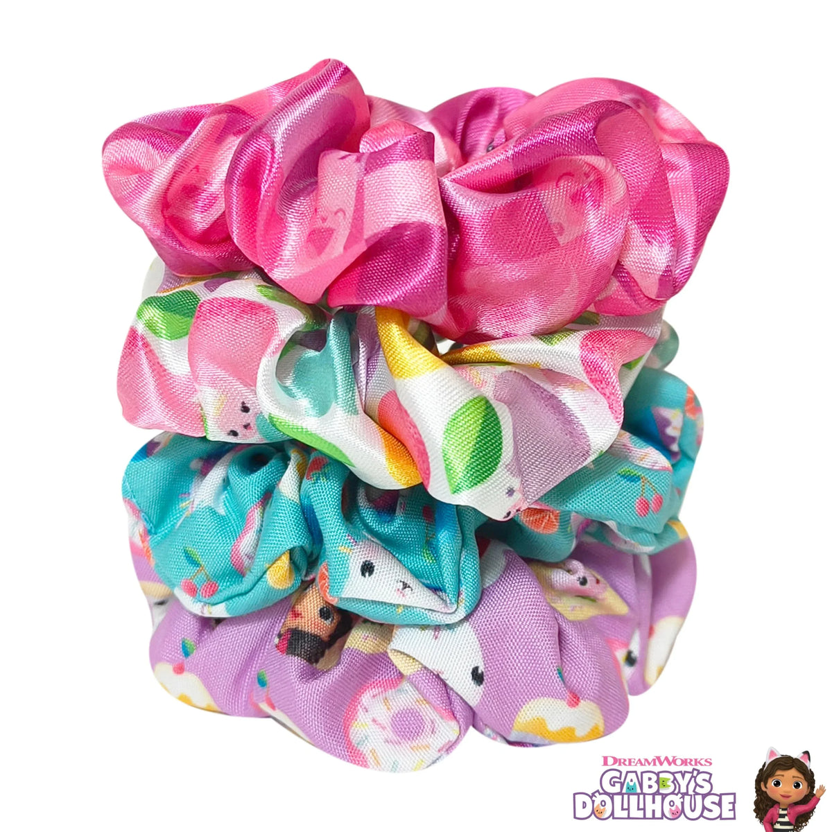 Gabby's Dollhouse scrunchie hair ties set, featuring colorful cartoon designs, LuvHer Shop