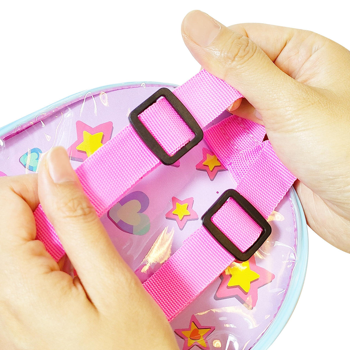 LuvHer Shop adjustable pink strap girls' accessory bag with star and heart print, close-up
