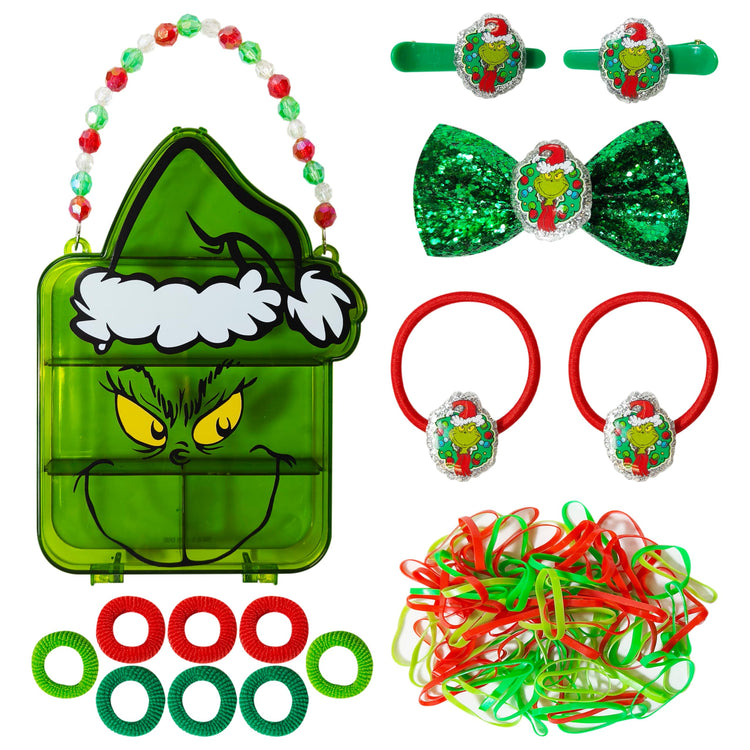 LUV HER Licensed Hair Accessory Case - The Grinch Hair Accessories Gift Set for Girls - Hair Clips, Elastics, Bow, and Terries - Grinch Christmas Hair Accessory Set - Ages 3 + - LuvHer Shop