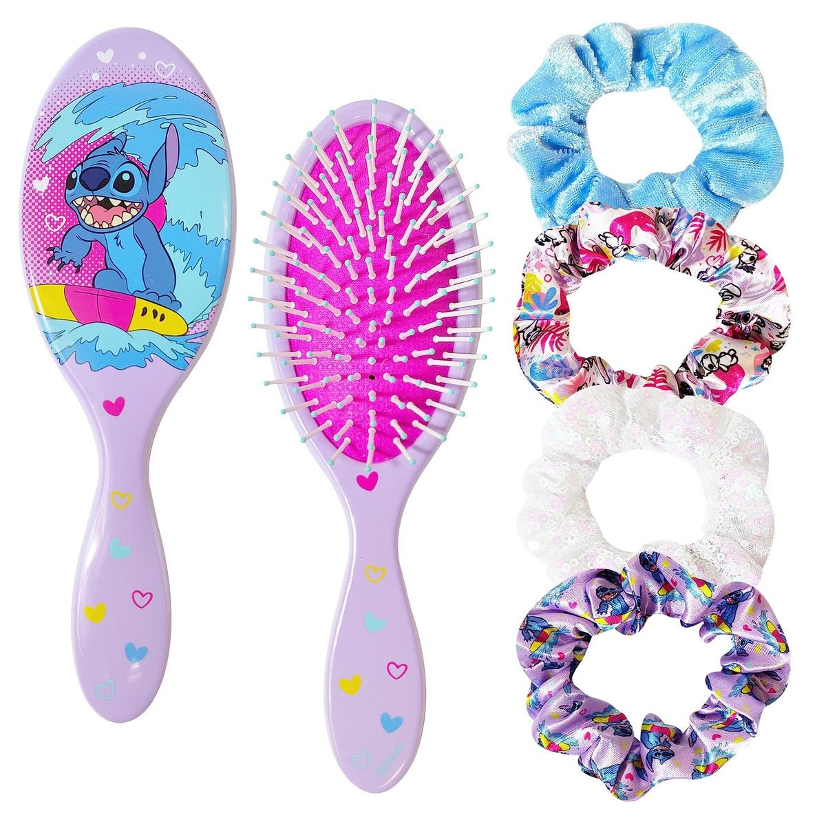 Stitch Hair Brush and Scrunchies Set featuring Disney Stitch design, pastel brush, four colorful scrunchies.