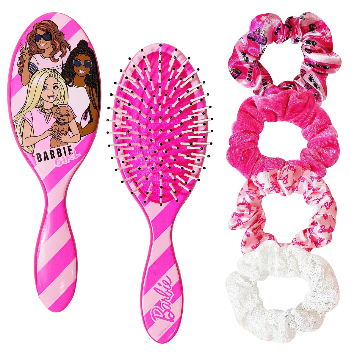Barbie hair brush and scrunchies set with pink stripes and character graphics, official girls’ accessory.