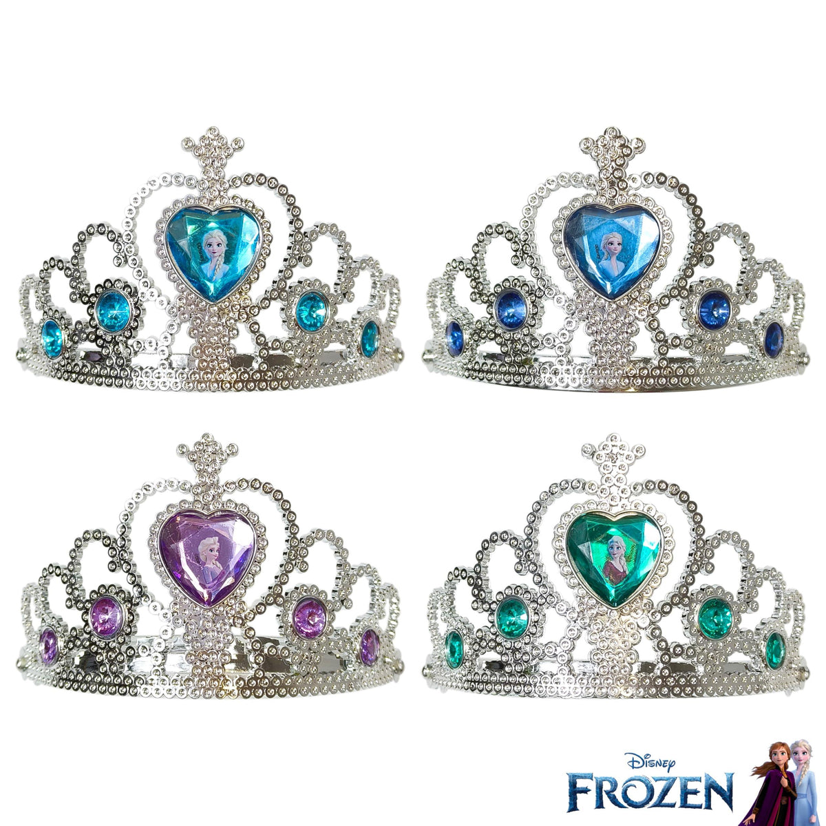 Disney Frozen Tiara Set featuring Elsa and Anna, silver girls' costume crowns with colorful jewels