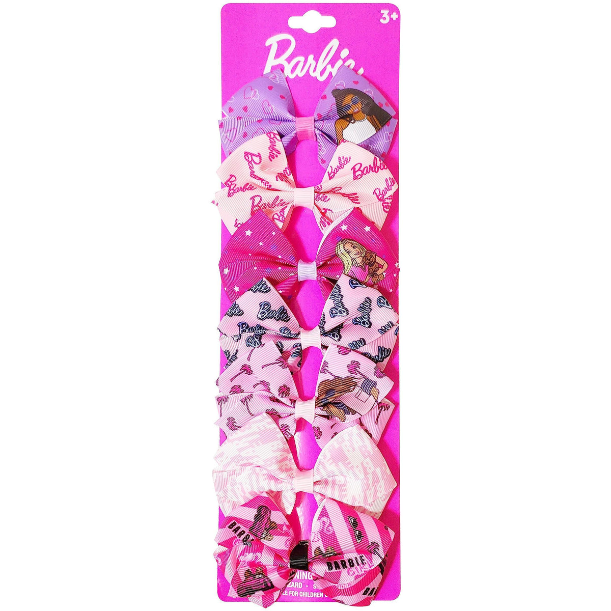 Barbie Hair Bow Set for girls, pink bow accessories pack with Barbie logo and characters