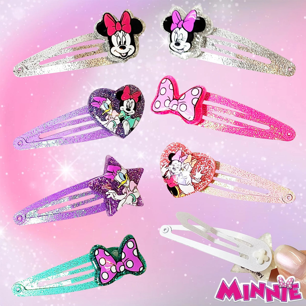 Minnie Mouse Hair Clip Set featuring glittery Disney snap hair clips in bow, heart, and star shapes.