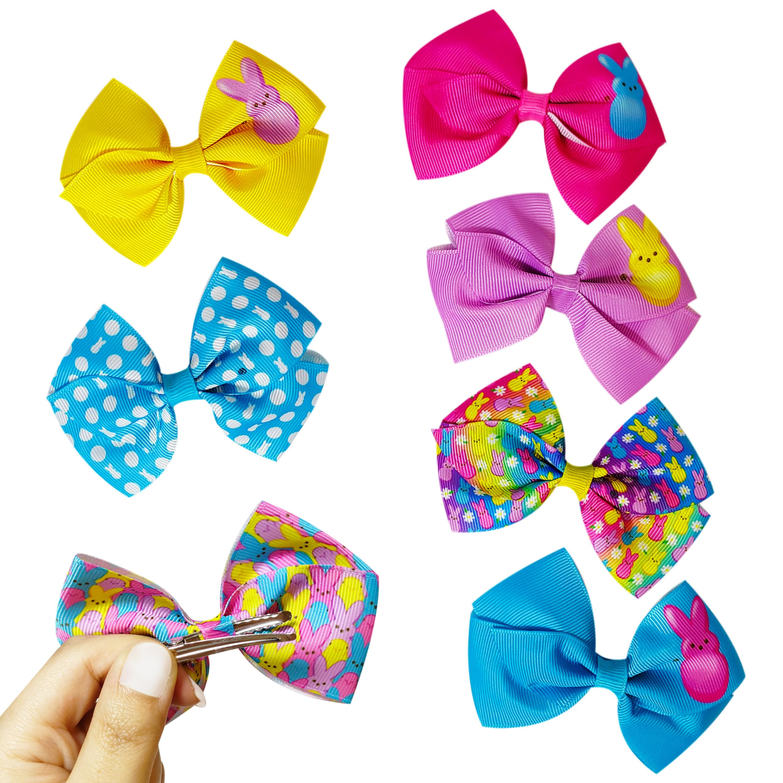 PEEPS Hair Bows Bundle - 7 Pcs 4 Inch Alligator Clips with Different Prints, Easter Bunny Themed for Girls, Toddlers 3+ - LuvHer Shop