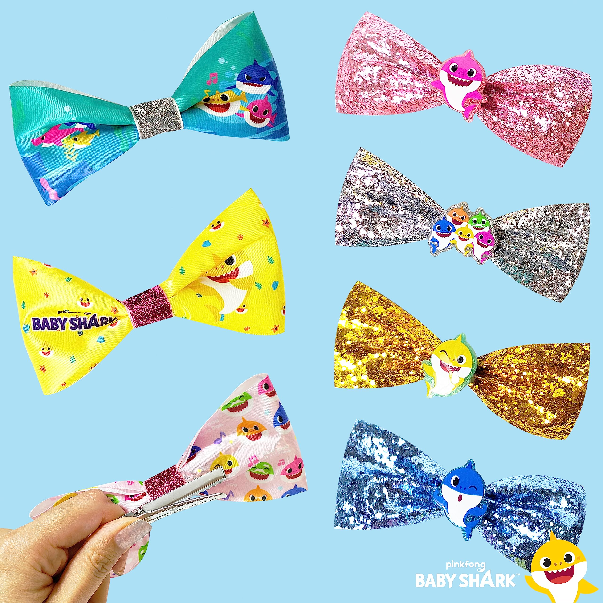 Baby Shark Kids Hair Bows - Hair Accessories Gift Set - 7 Pcs 4 Inch Bundle - Hair Bows for Girls - Different character on each clip - Alligator Clip - Ages 3 + - LuvHer Shop