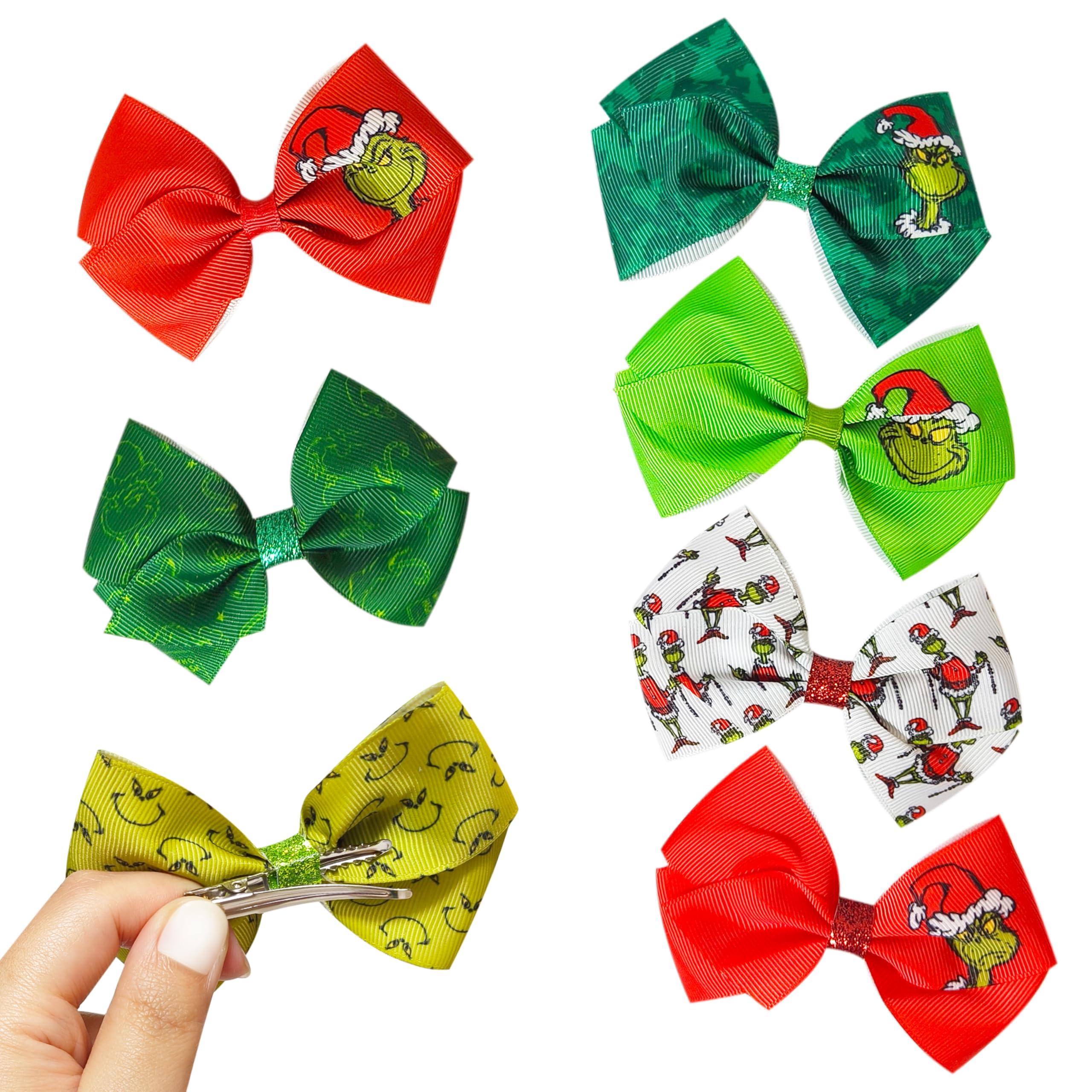 Luv Her Licensed Girls Hair Bows - Hair Accessories Gift Set - 7 Pcs 4 Inch Bundle - Hair Bows for Girls - Grinch Christmas Hair clip - Alligator Clip - Ages 3 + - LuvHer Shop