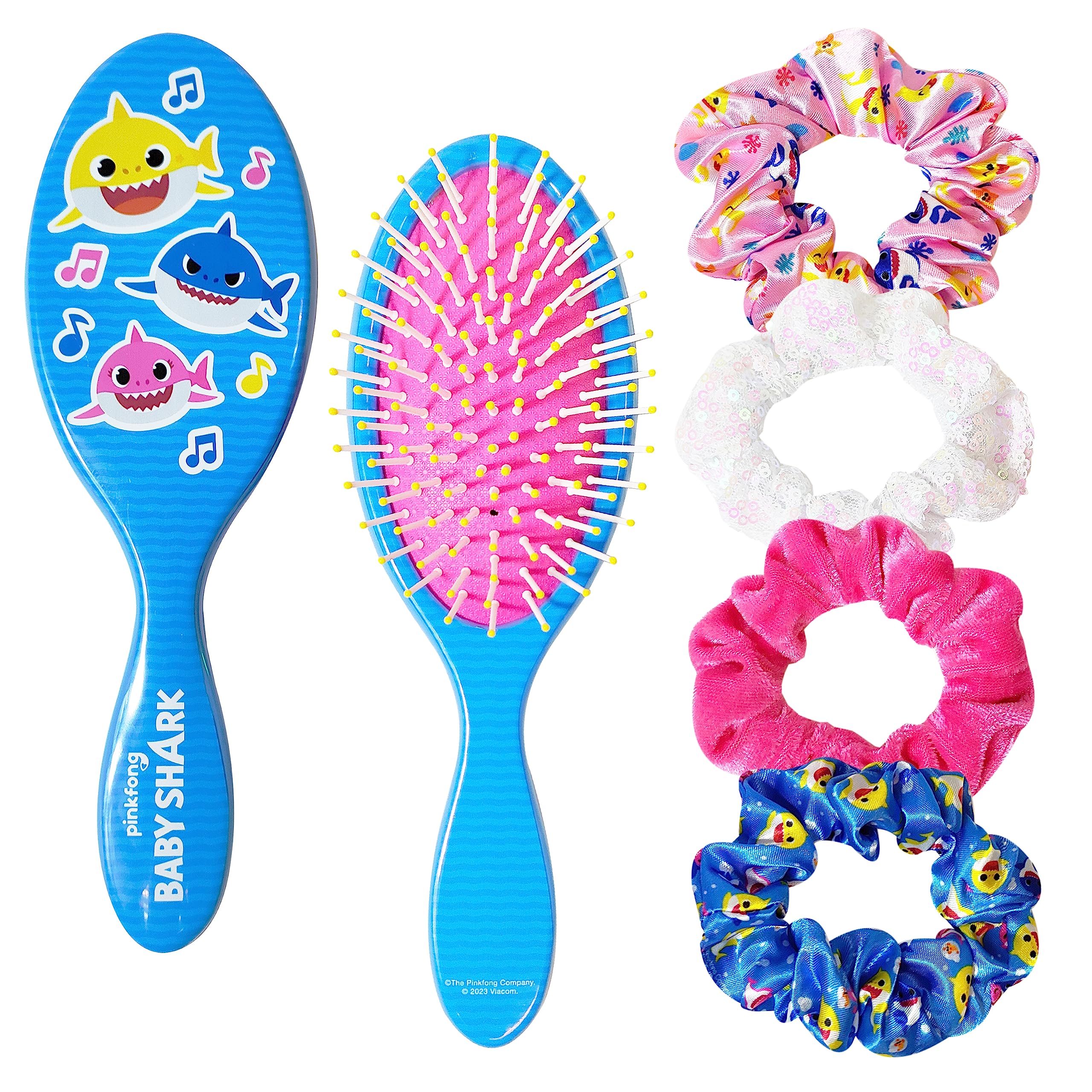 Baby Shark Hair Accessory Set: 9-inch Regular Detangling Brush, 4 Elastic Hair Ties & Scrunchies for Kids