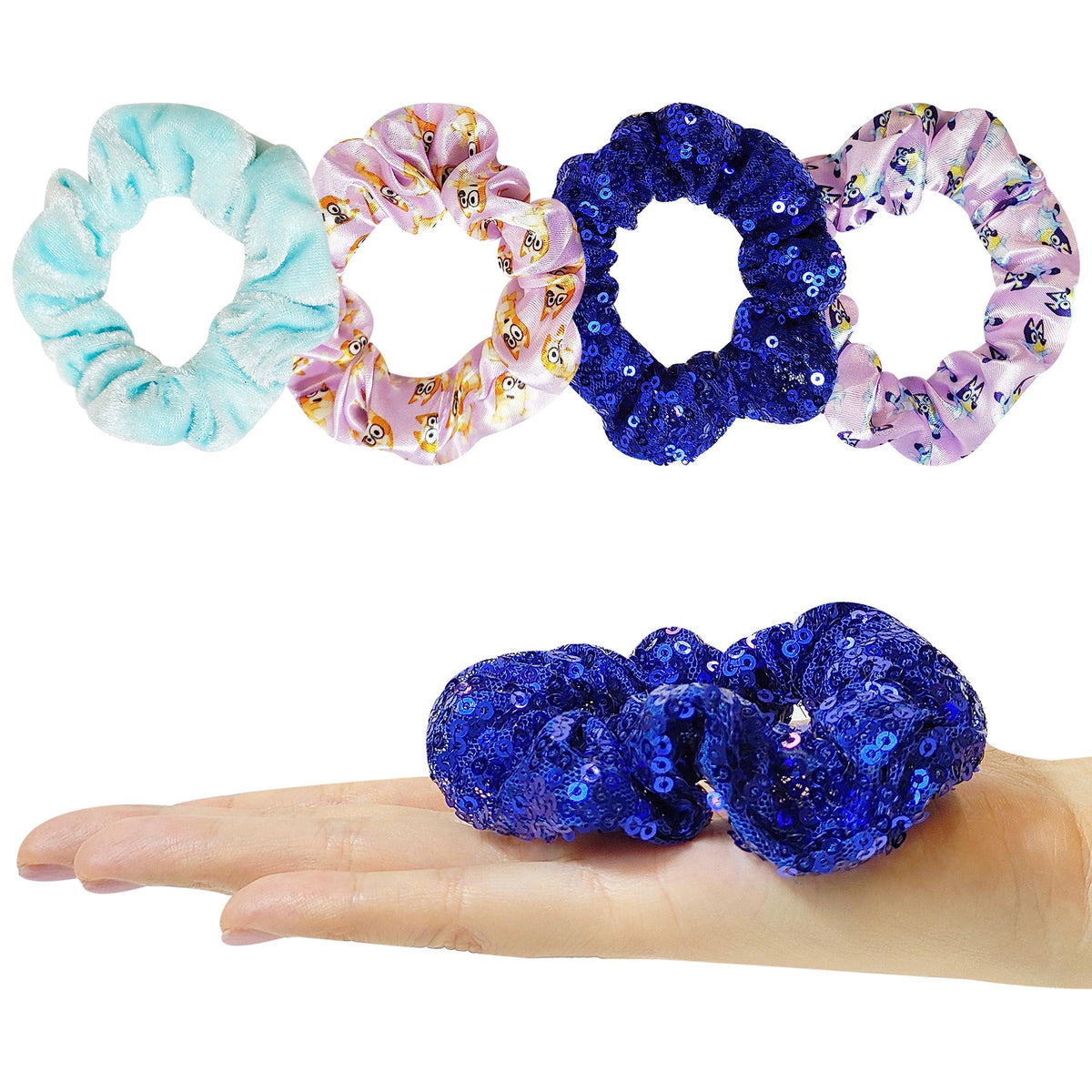Bluey Scrunchie Set from LuvHer Shop featuring four colorful girls' hair scrunchies on a hand