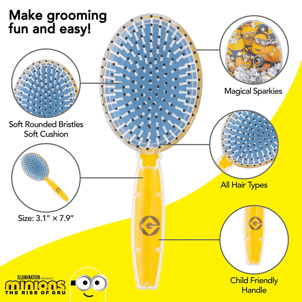 Minions The Rise of Gru hair brush with yellow handle, soft blue bristles, and child-friendly design