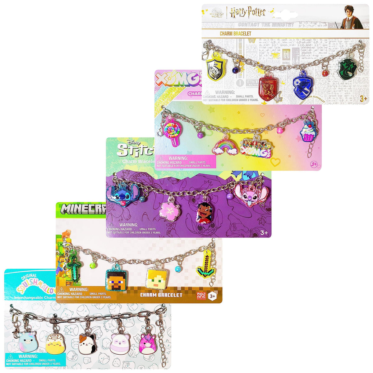Assorted girls' charm bracelets featuring Harry Potter, XOMG POP!, Disney Stitch, Minecraft, Sumikko at LuvHer Shop