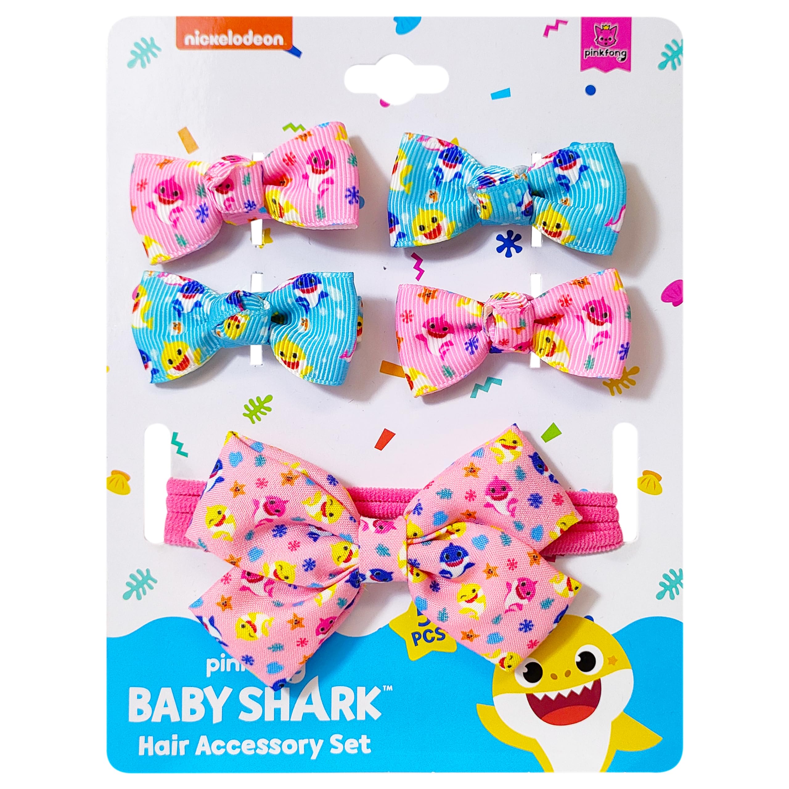 LUV HER Adorable Baby Girl Headband Set: Soft Elastic Headband with Four Matching Bows, Small Baby Shark Printed Hair Clips - Newborn Essentials and Must-Have Baby Gifts for Girls