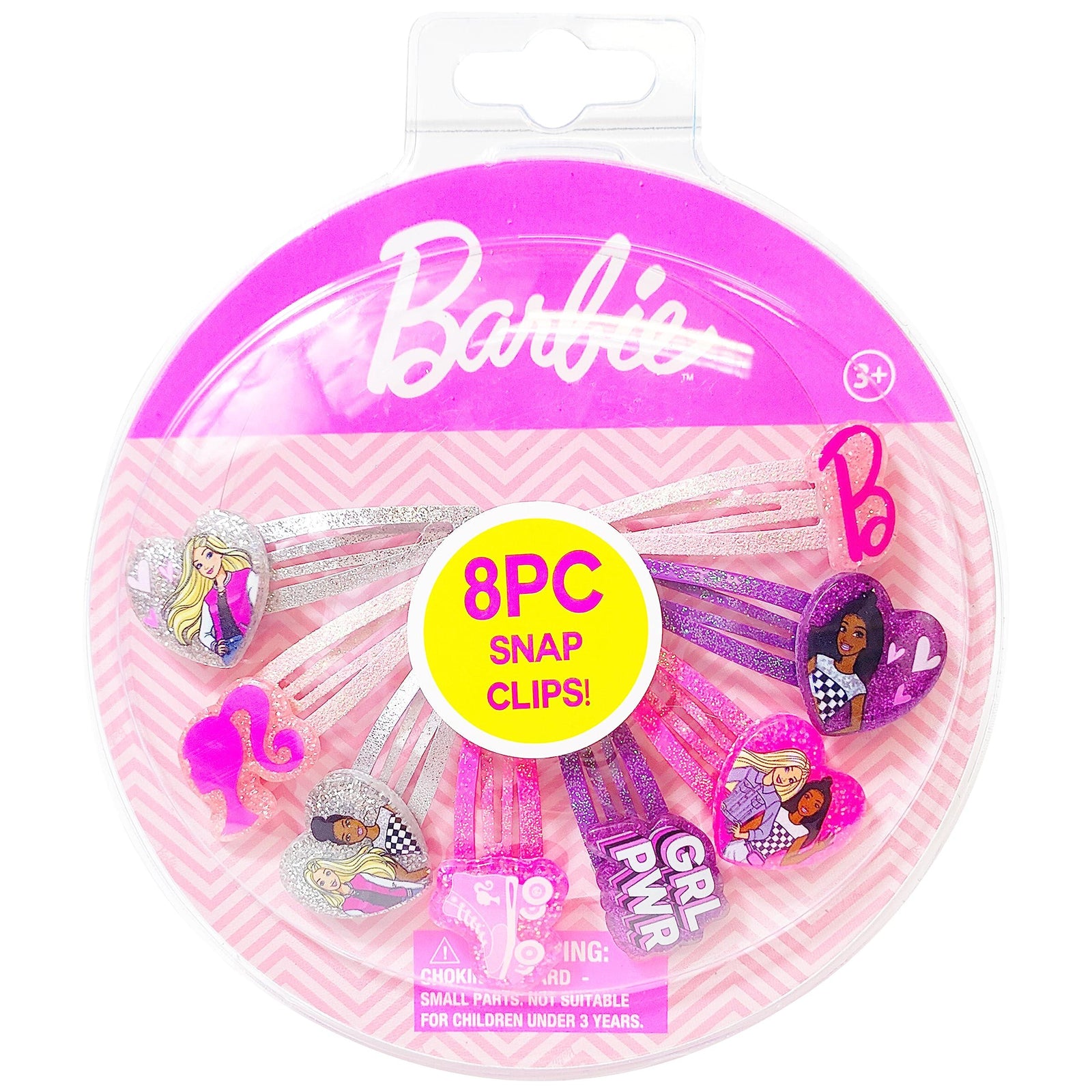 Barbie 8PC Snap Clips set with glitter heart designs and characters, girls' hair accessories