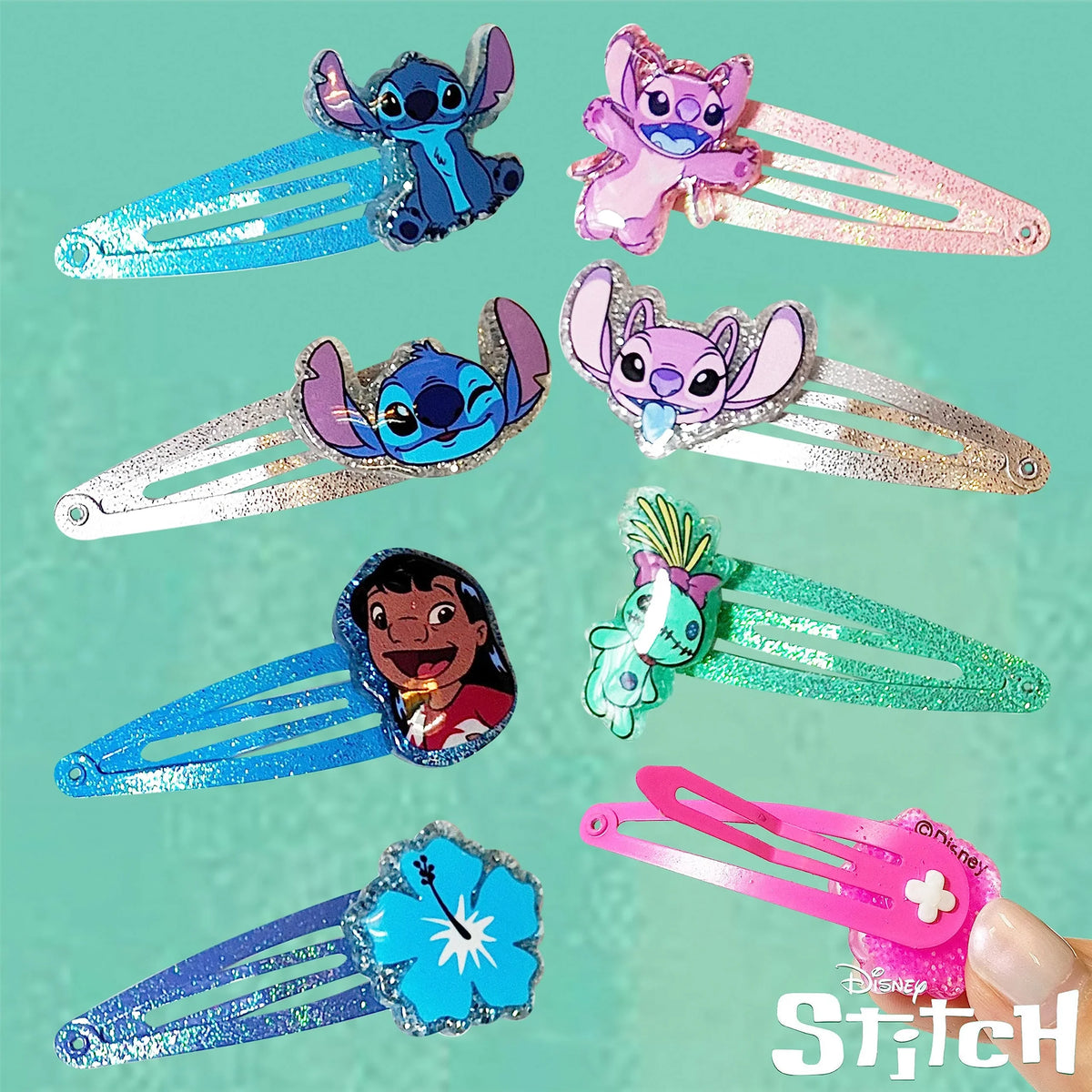 Disney Stitch hair clips set featuring Stitch, Lilo, Scrump, and hibiscus on glittery snap barrettes