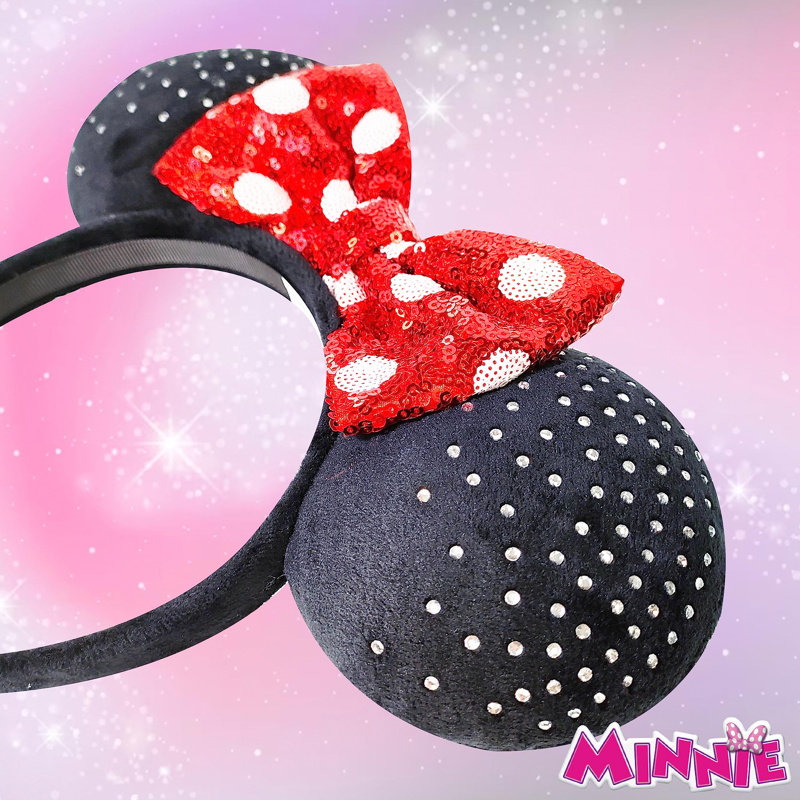 LUV HER - Disney Ears - Embedded Rhigstones Minnie Plush Ears - Large Sequin Red Bow on a Thick Elastic Headband Ages 3+ - LuvHer Shop