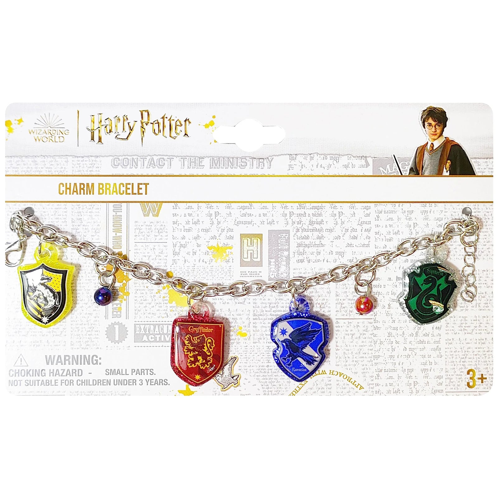 Harry Potter Charm Bracelet featuring Hogwarts house crests on product card packaging