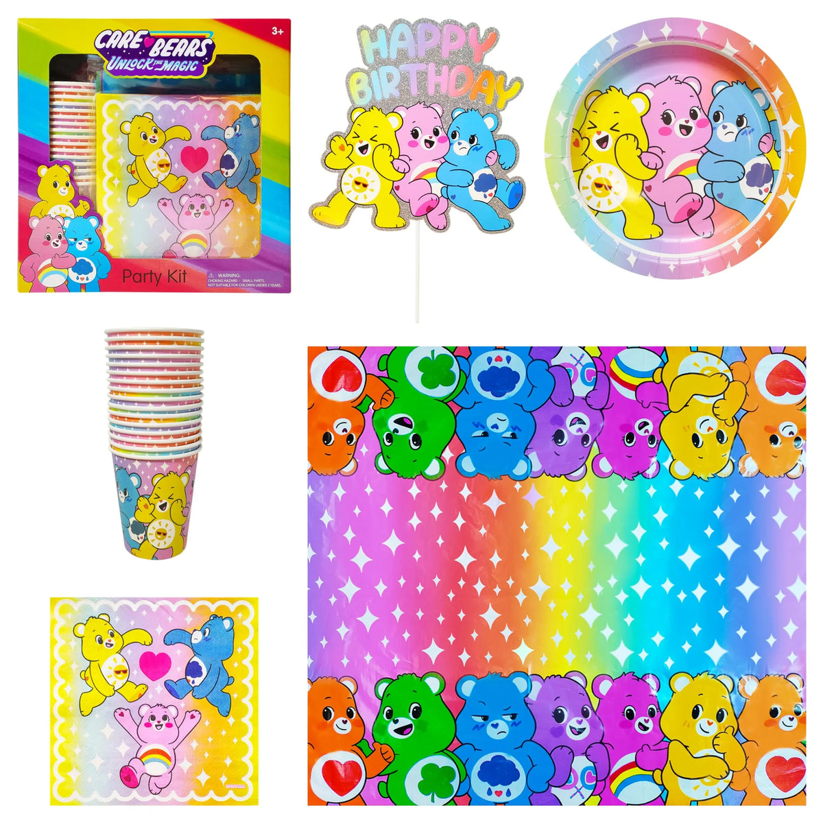 Care Bears Unicorn Magic Party Kit with cups, plates, napkins, table cover, and birthday topper