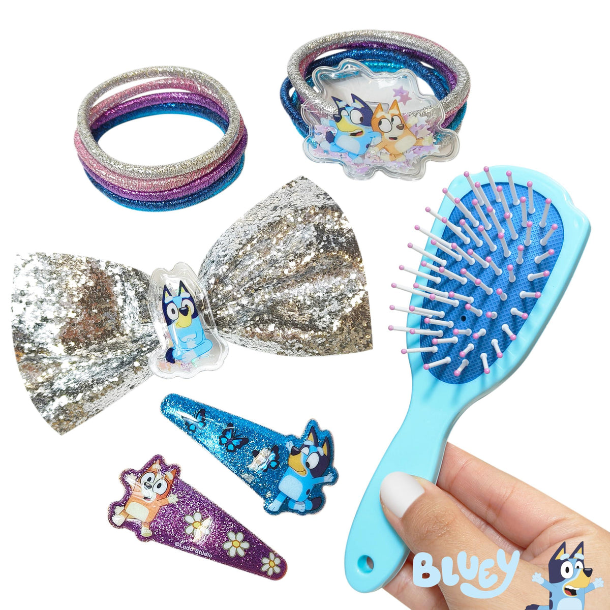 Bluey girls' accessories gift bundle with hairbrush, glitter hair bow, clips, and ponytail holders