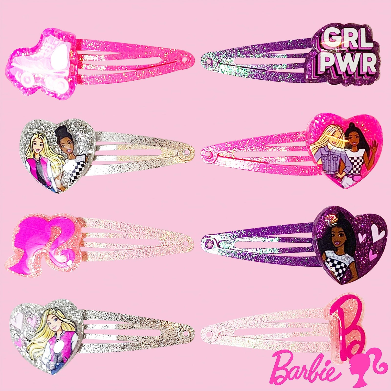 Barbie 8PC Snap Clips set with glitter heart designs and characters, girls' hair accessories