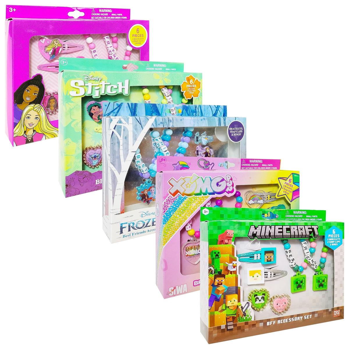 LuvHer Shop BFF accessory sets with Barbie, Stitch, Frozen, XO MG, and Minecraft themes in colorful boxes