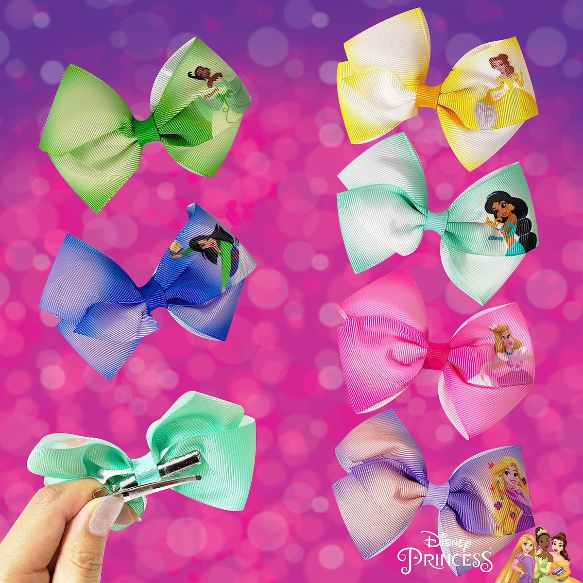 Disney Princess hair bow set with colorful bows and princess designs on pink background