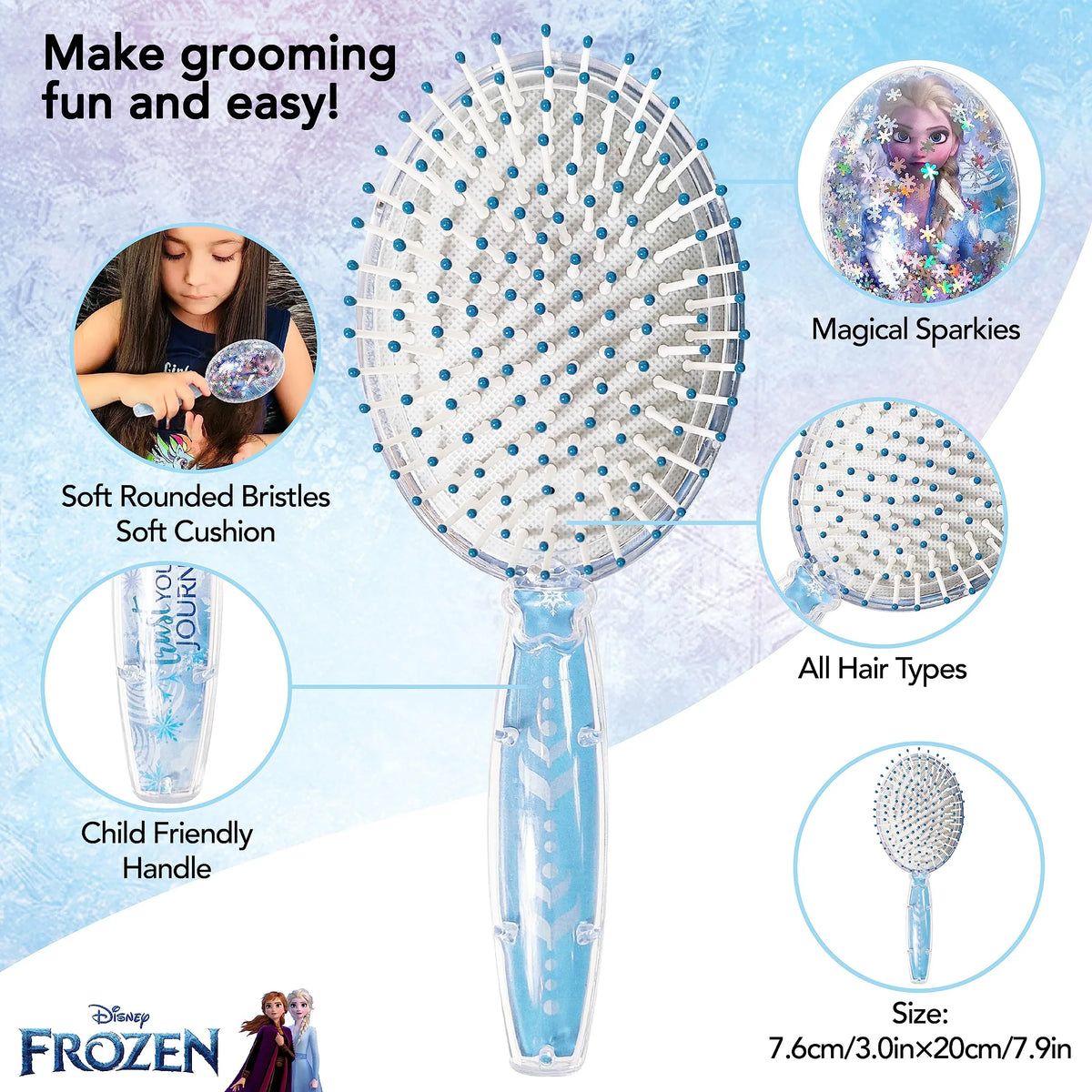 Disney Frozen Magical Sparkle Hair Brush for girls, soft bristles, blue handle, kid-friendly