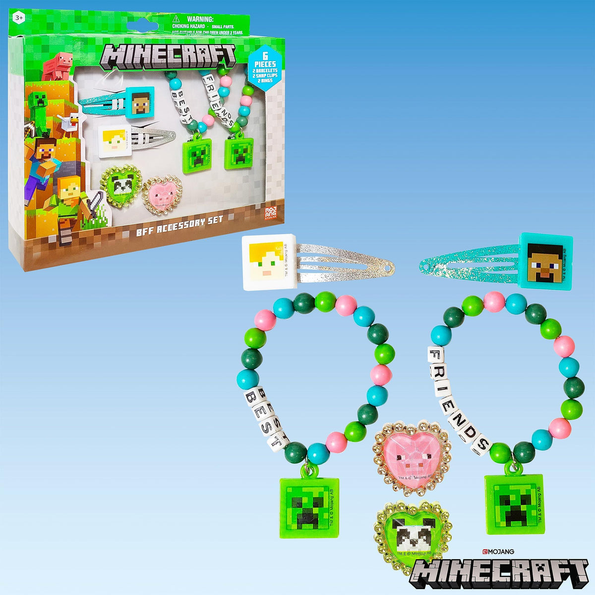 Minecraft BFF Accessory Set with bracelets, snap clips, and character charms, officially licensed girls' jewelry
