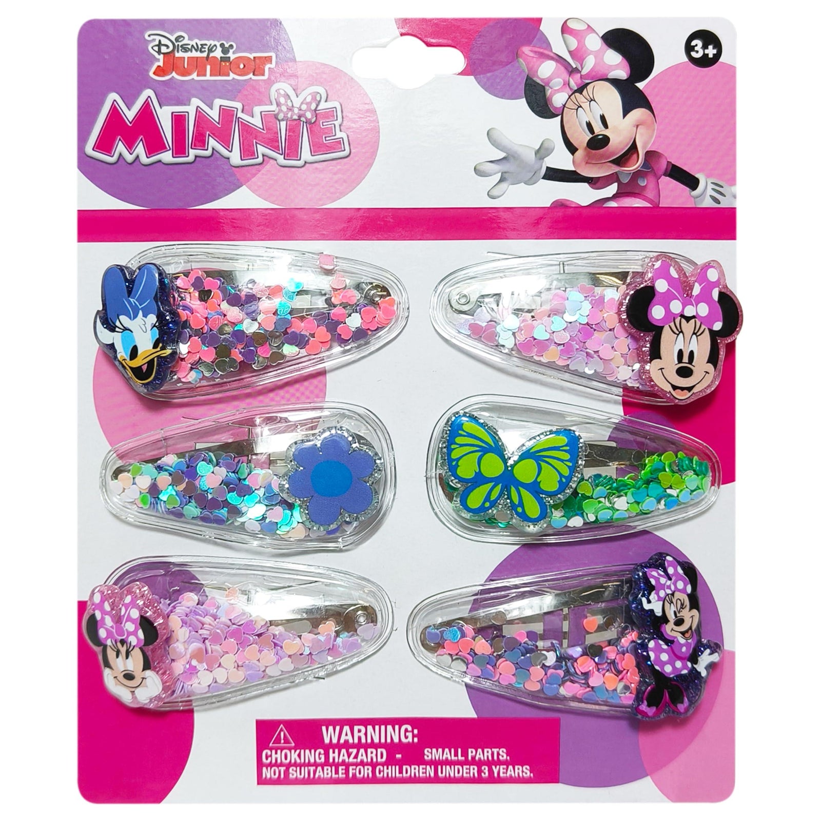 Disney Junior Minnie hair clips set with Minnie Mouse, Daisy Duck, flower, and butterfly designs on LuvHer Shop packaging